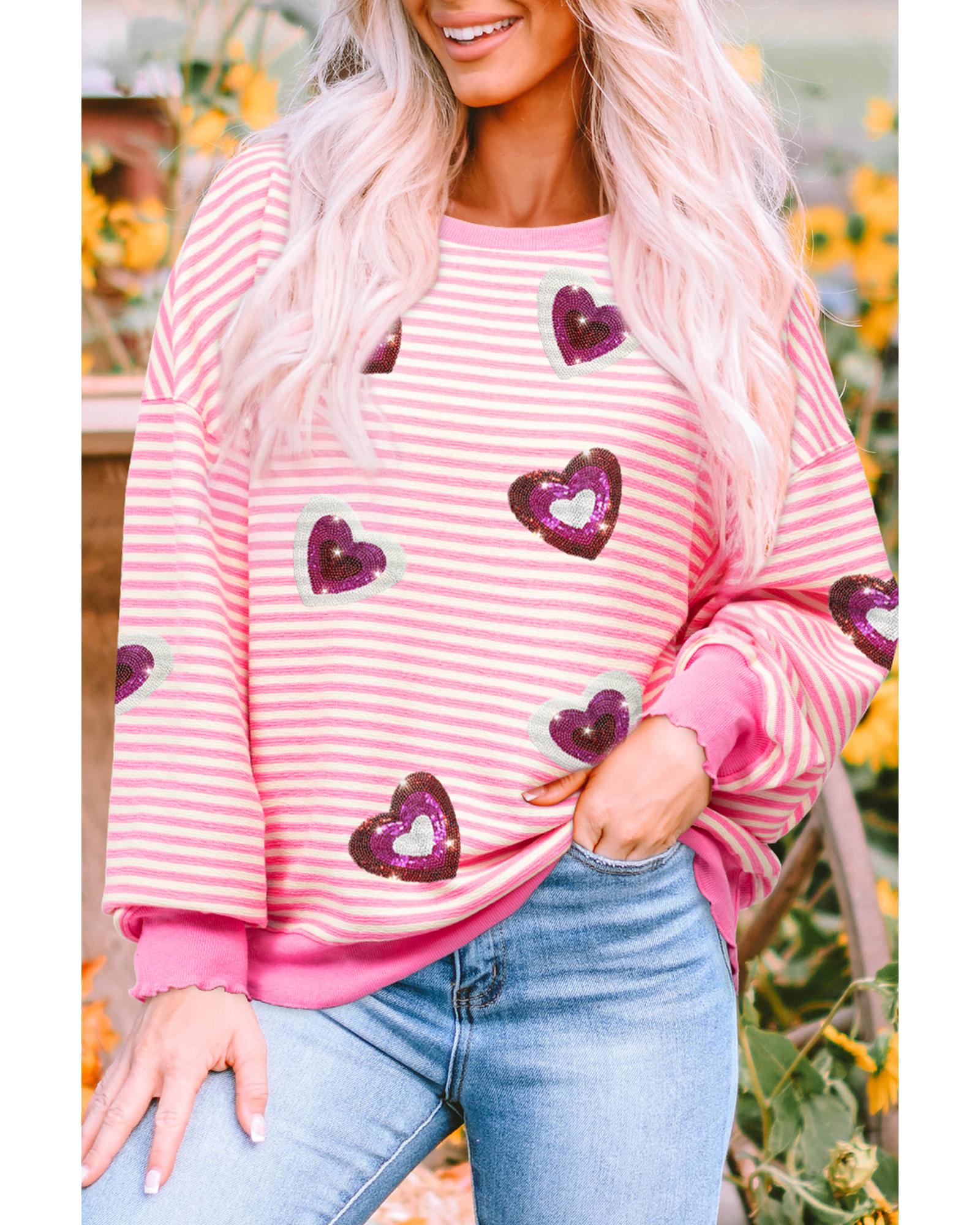V539-AZEXDC25131024-P1019-L-202508271415-00 Pink Stripe Sequin Heart Patched Pattern Long Sleeve Valentines Top - L - Image 1