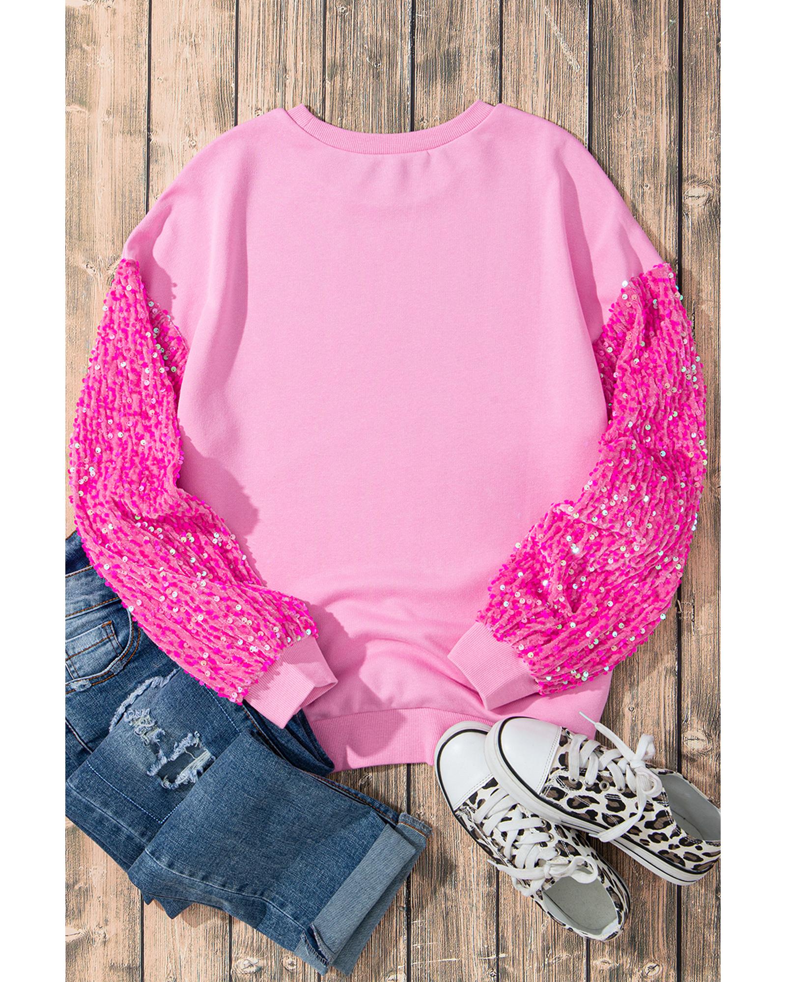 V539-AZEXDC25131026-P10-XL-202508270515-00 Pink Leopard Heart Graphic Sequin Patchwork Long Sleeve Valentines Top - XL - Image 1