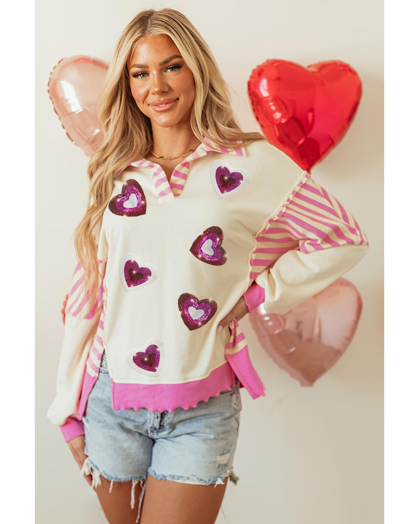 V539-AZEXDC25131027-P1019-L-202508270635-00 Pink Stripe Patchwork Sequin Heart Pattern Long Sleeve Collared Split Top - L - Image 1