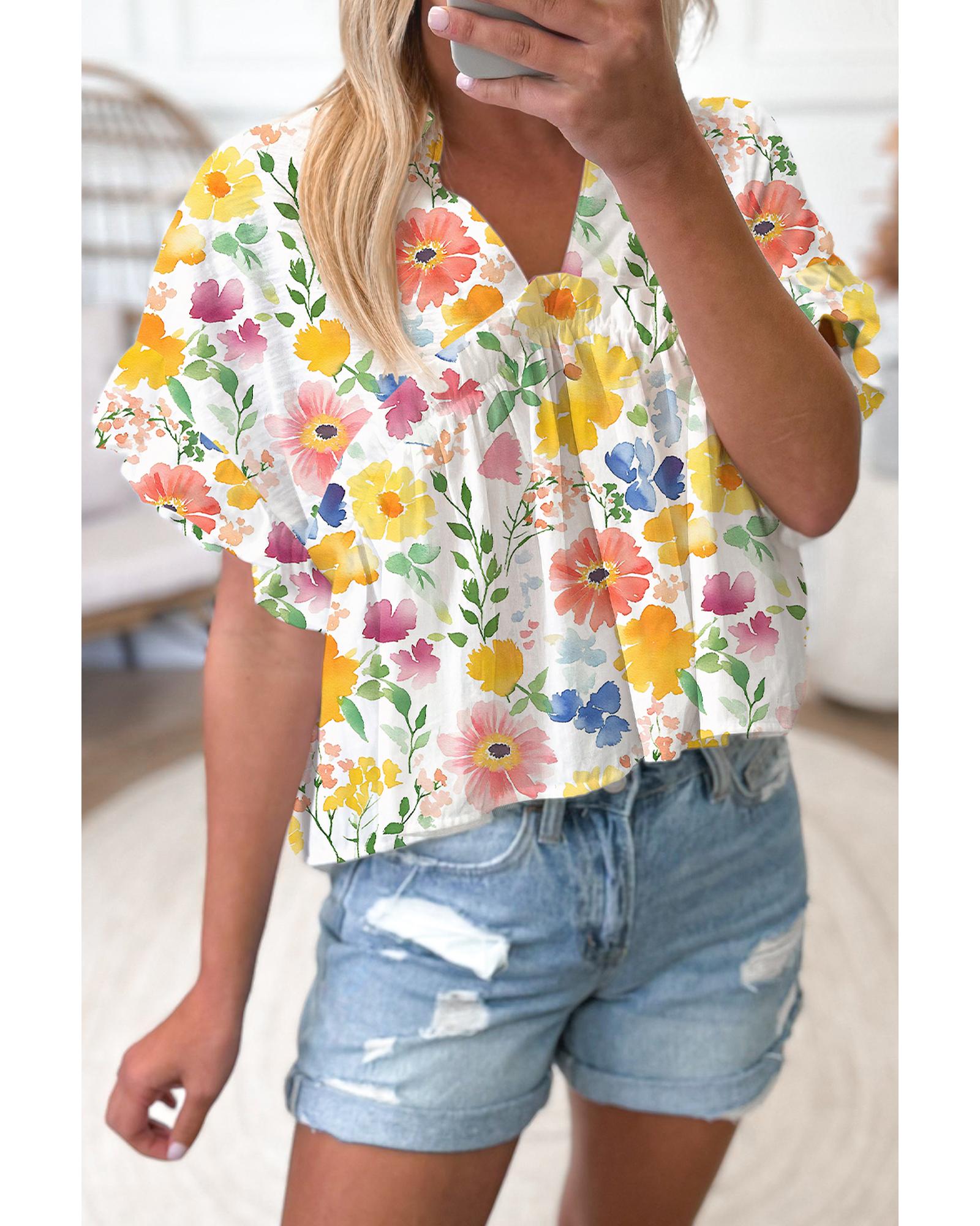 V539-AZEXDC25131346-P720-XL-202508270210-00 Yellow Floral Boxy Fit Ruffled Short Sleeve V Neck Blouse - XL - Image 1
