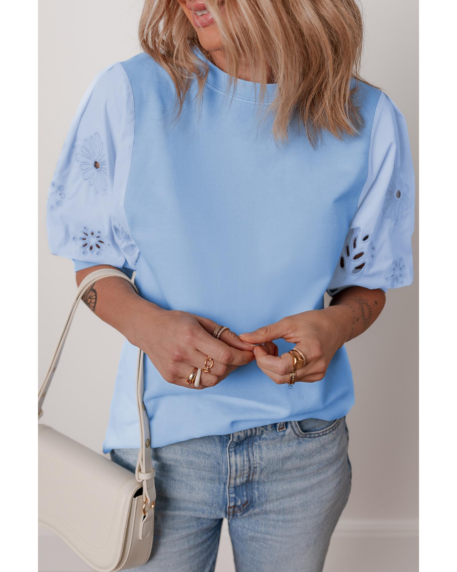 V539-AZEXDC25131382-P804-L-202508271220-00 Beau Blue Eyelet Flower Embroidered Puff Short Sleeve Patchwork Crew Neck Blouse - L - Image 1
