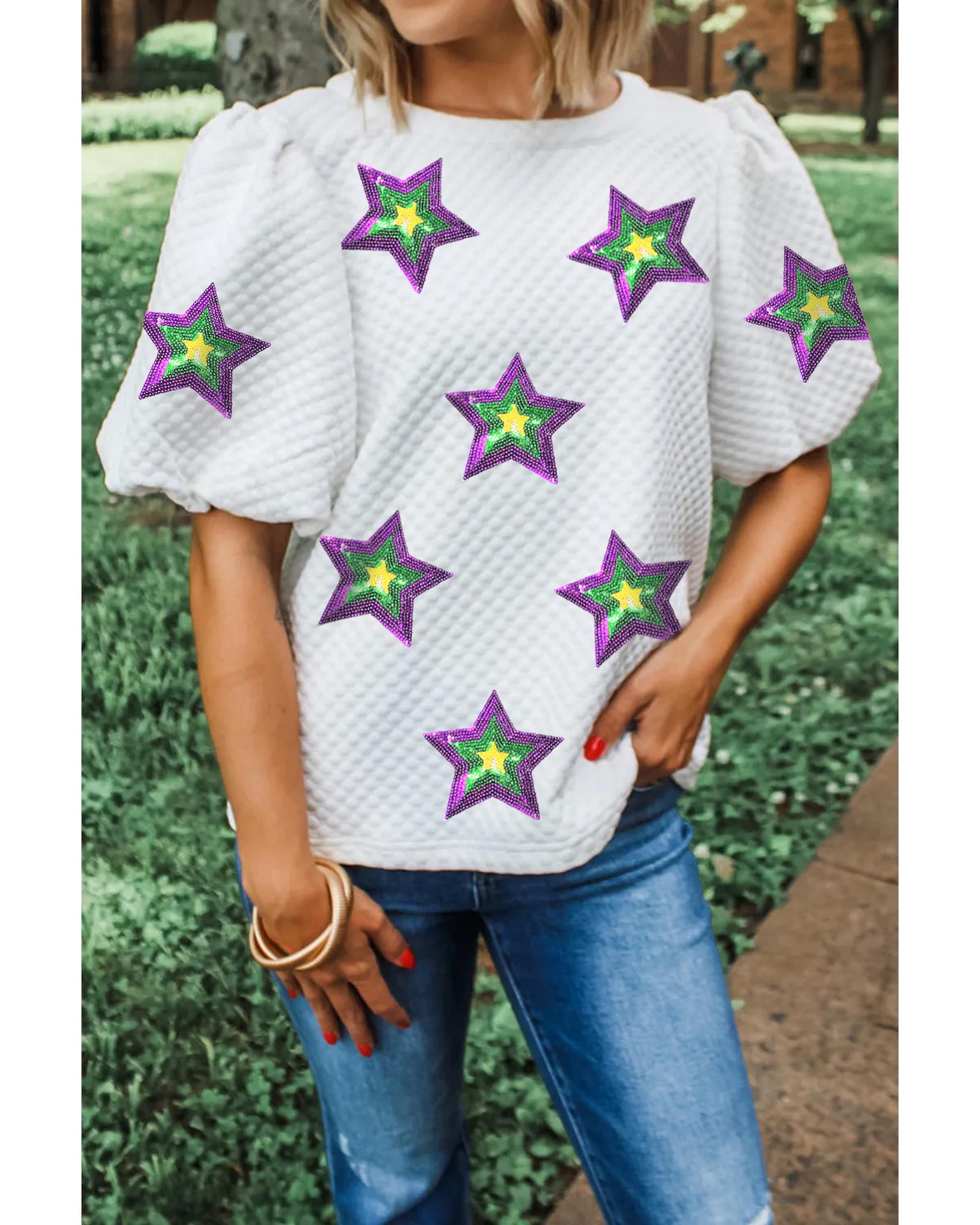 V539-AZEXDC25131569-P1-S-202506121411-00 White Textured Sequin Mardi Gras Star Graphic Puff Sleeve Blouse - S - Image 1