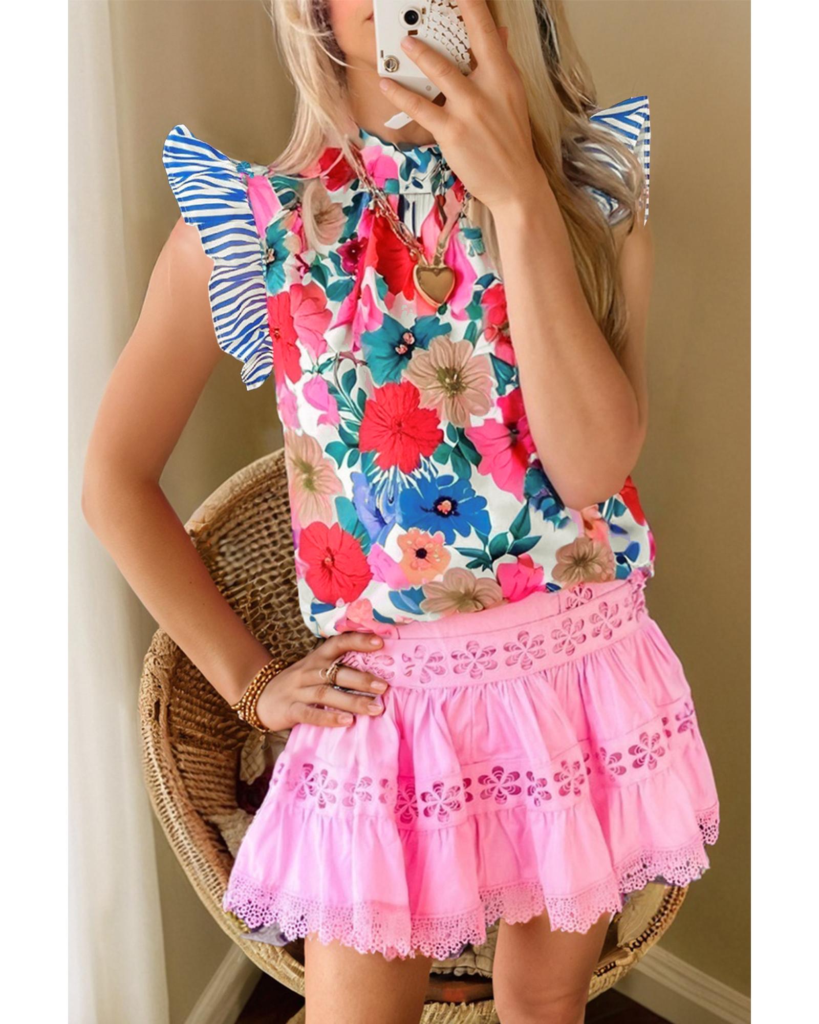 V539-AZEXDC25131612-P420-L-202508270545-00 Sky Blue Floral Mock Neck Striped Flutter Sleeve Blouse - L - Image 1