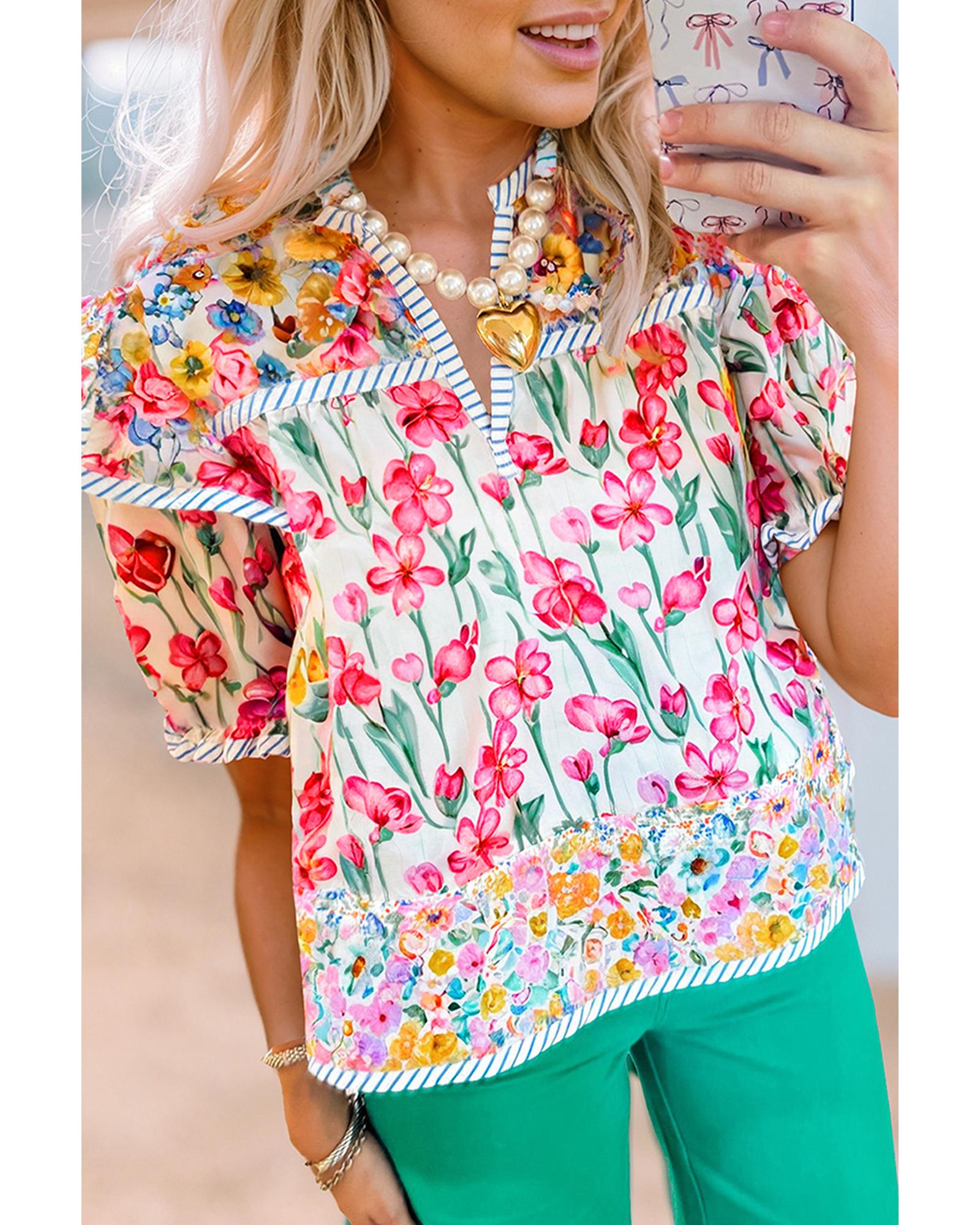 V539-AZEXDC25131786-P1020-L-202508271755-00 Pink Floral Print Striped Detail Split Neck Short Sleeve Blouse - L - Image 1