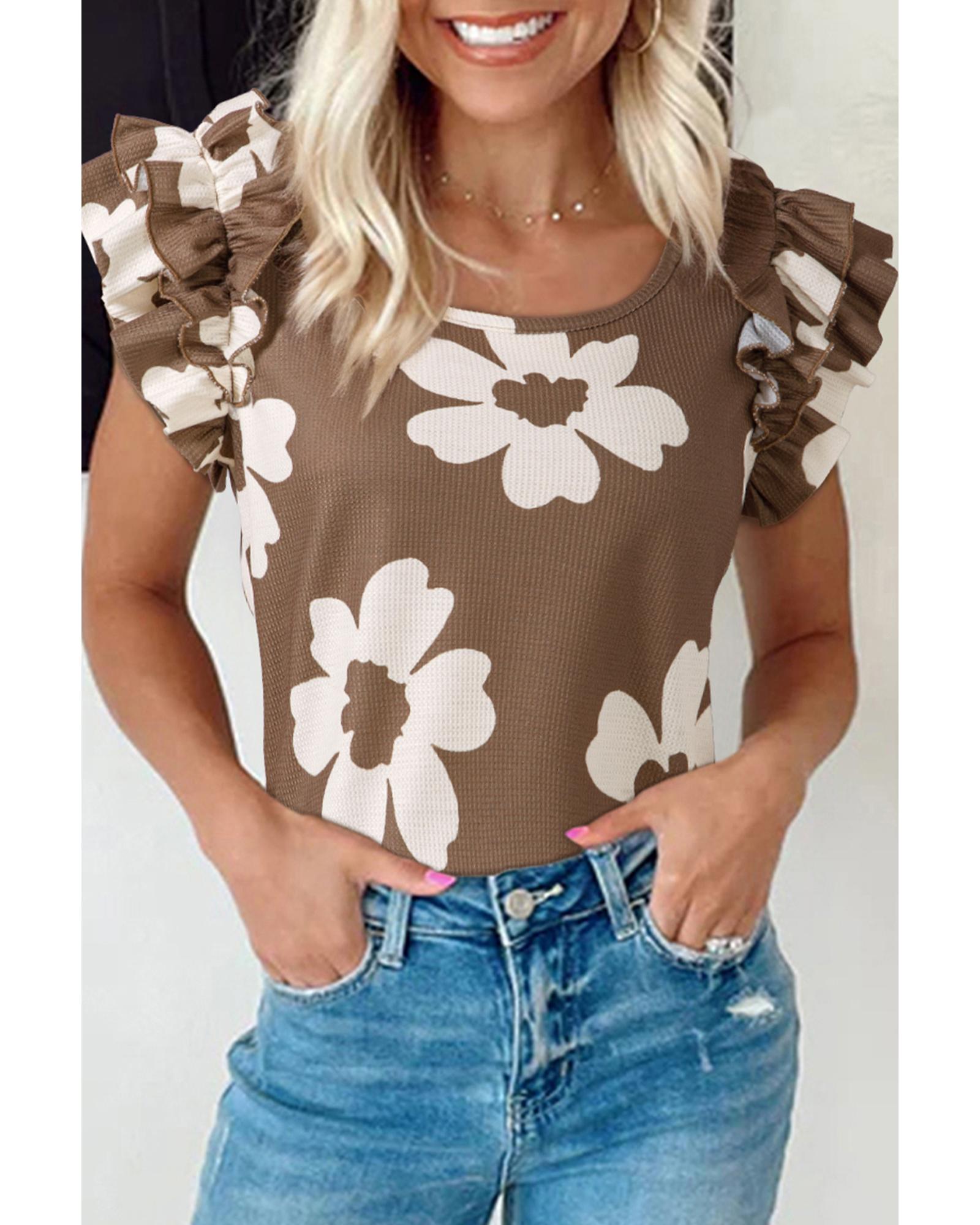 V539-AZEXDC25131875-P1720-L-202508271135-00 Brown Floral Textured Ruffled Short Sleeve Square Neck Blouse - L - Image 1