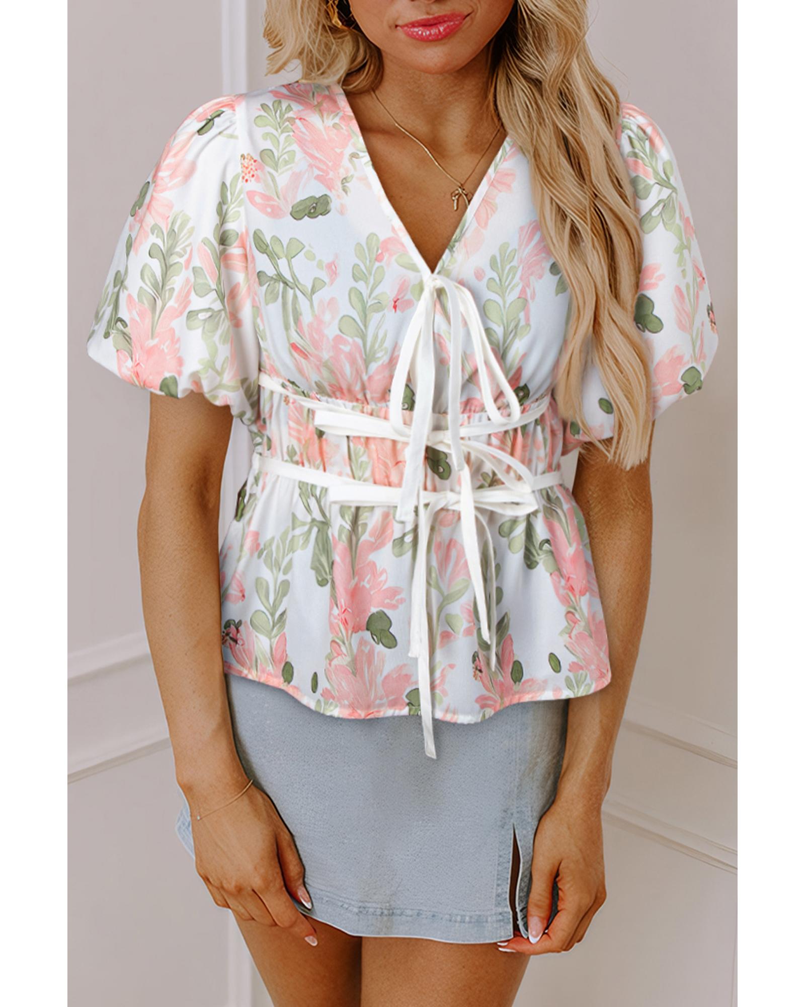 V539-AZEXDC25131993-P1020-S-202506120847-00 Pink Floral Puff Sleeve V Neck Tied Front Peplum Blouse - S - Image 1