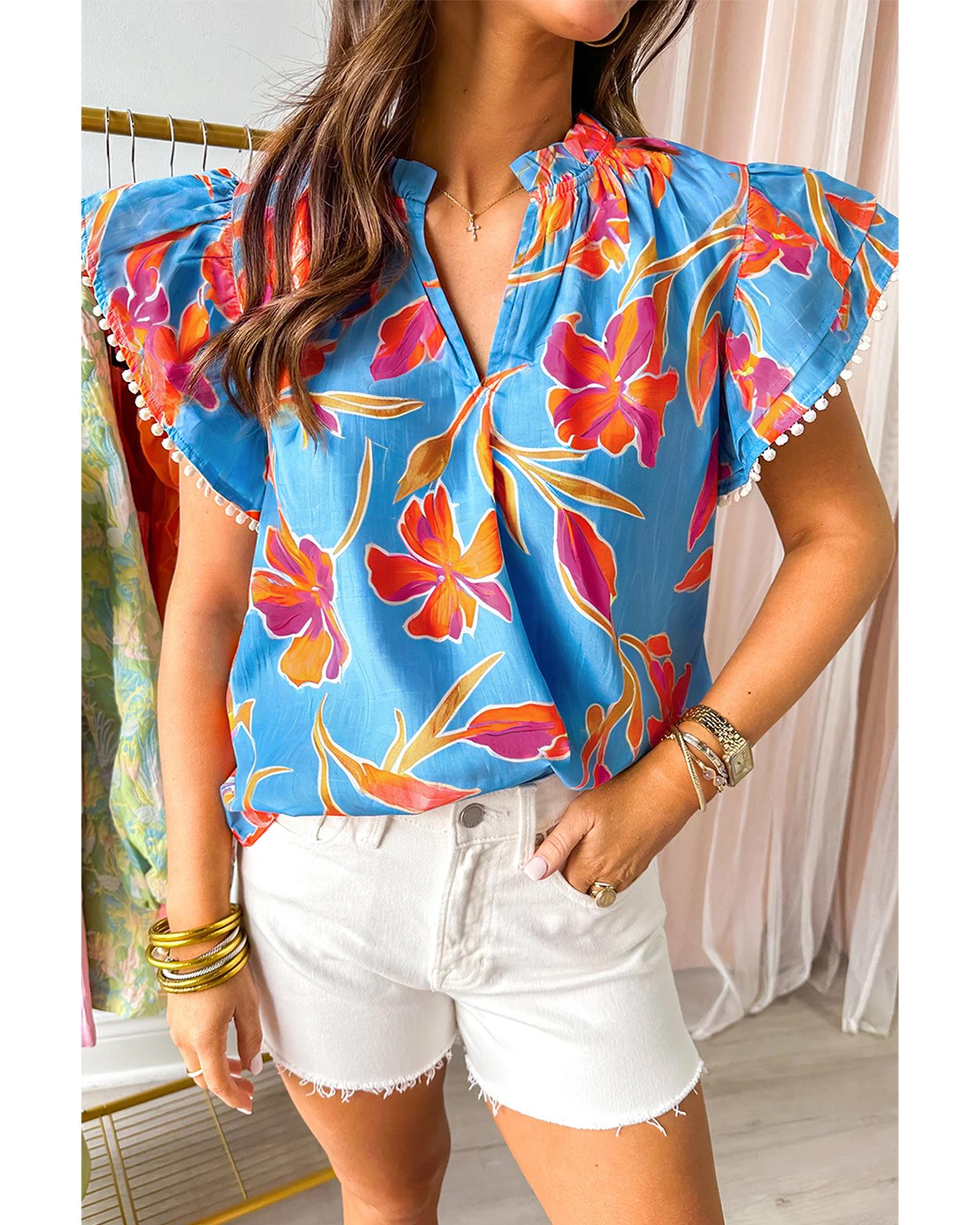 V539-AZEXDC25132026-P420-M-202508270845-00 Sky Blue Floral Print V Neck Pompom Trim Flutter Sleeve Blouse - M - Image 1