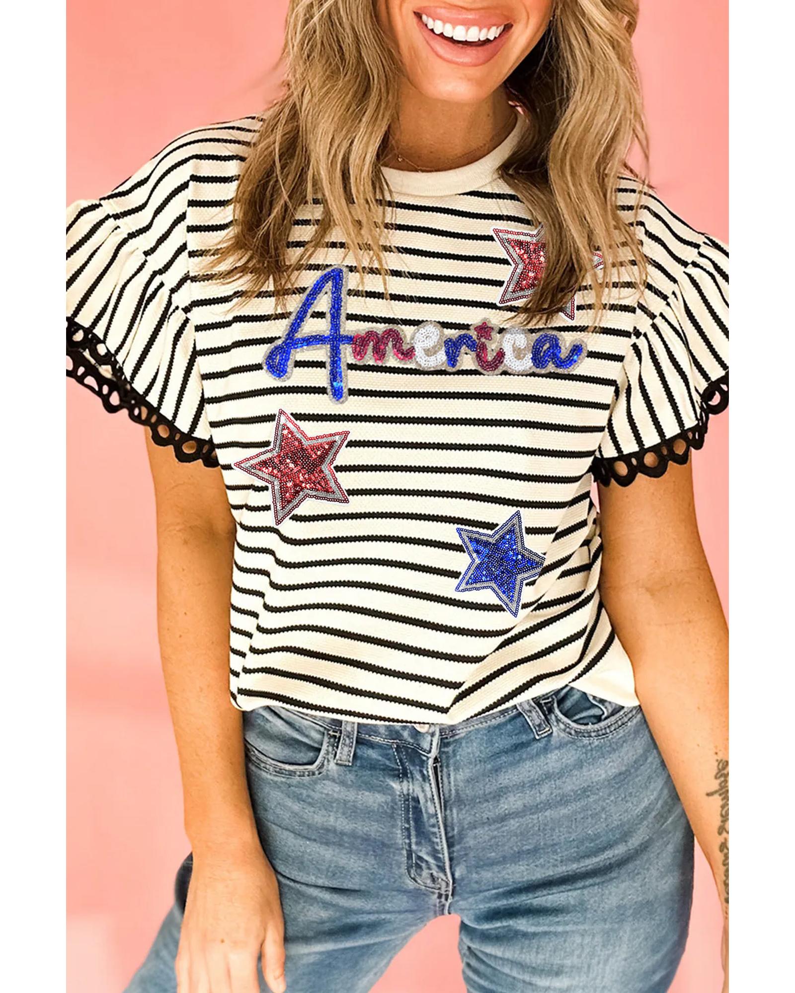 V539-AZEXDC25132512-P219-S-202506120916-00 Black Stripe Sequin America Star Graphic Ric Rac Flutter Sleeve Blouse - S - Image 1