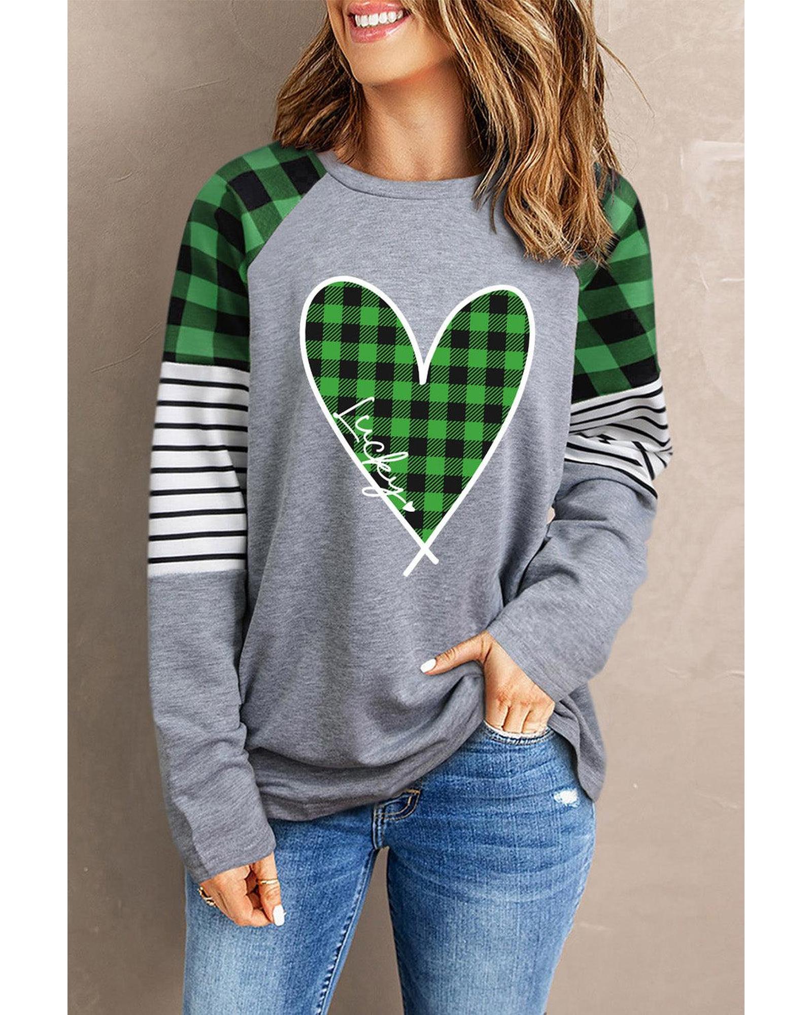 V539-AZEXDC25214288-9-M-202508260630-00 Azura Exchange Plaid Heart Color Block Long Sleeve Top - M - Image 1
