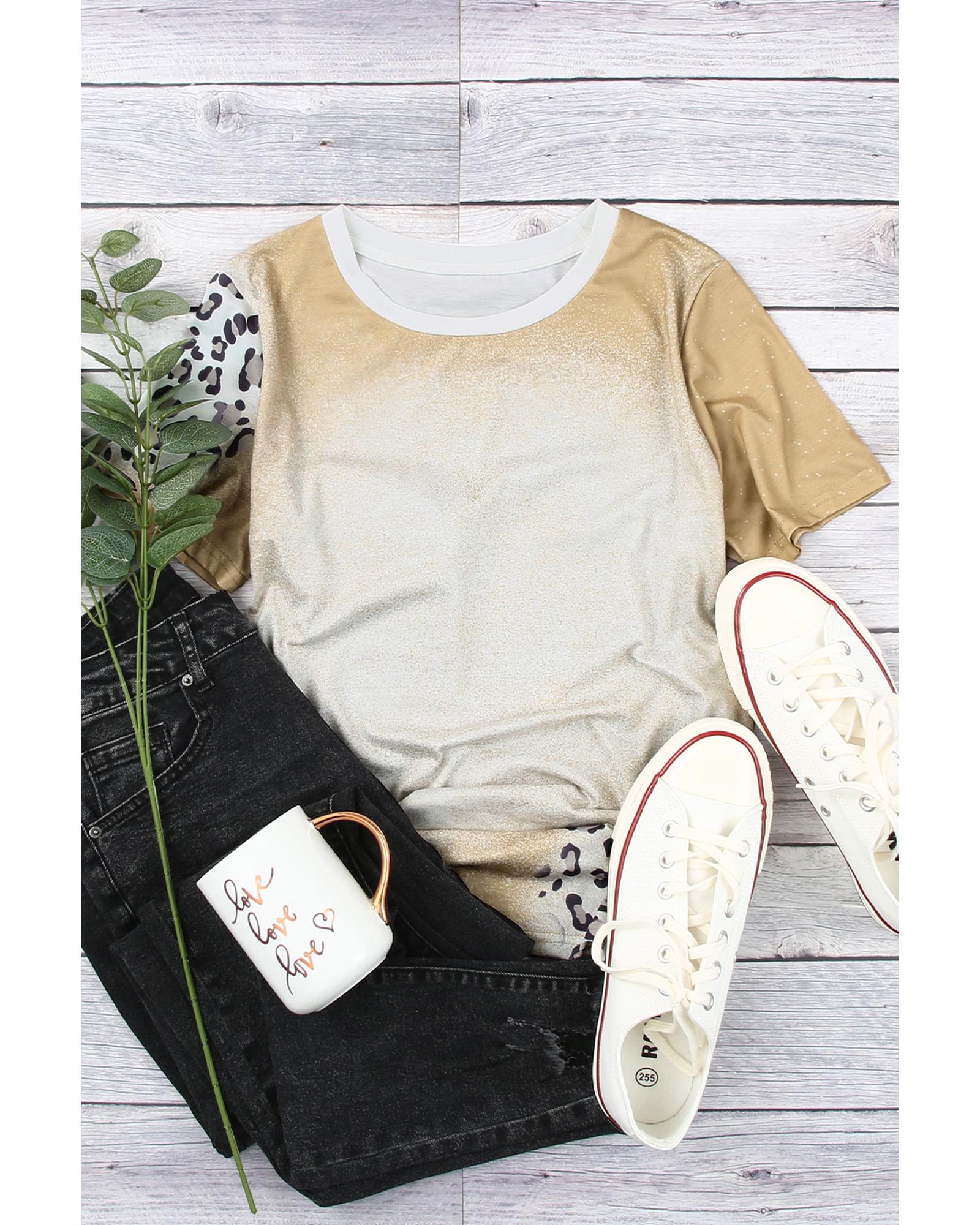 V539-AZEXDC25216420-16-M-202508271905-00 Khaki Bleached Leopard Print Crew Neck T Shirt - M - Image 1