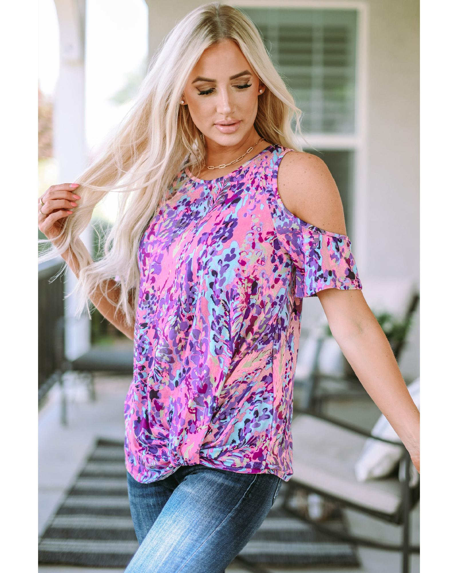 V539-AZEXDC25219889-22-L-202508260845-00 Azura Exchange Lavender Floral Print Cold Shoulder Blouse - L - Image 1