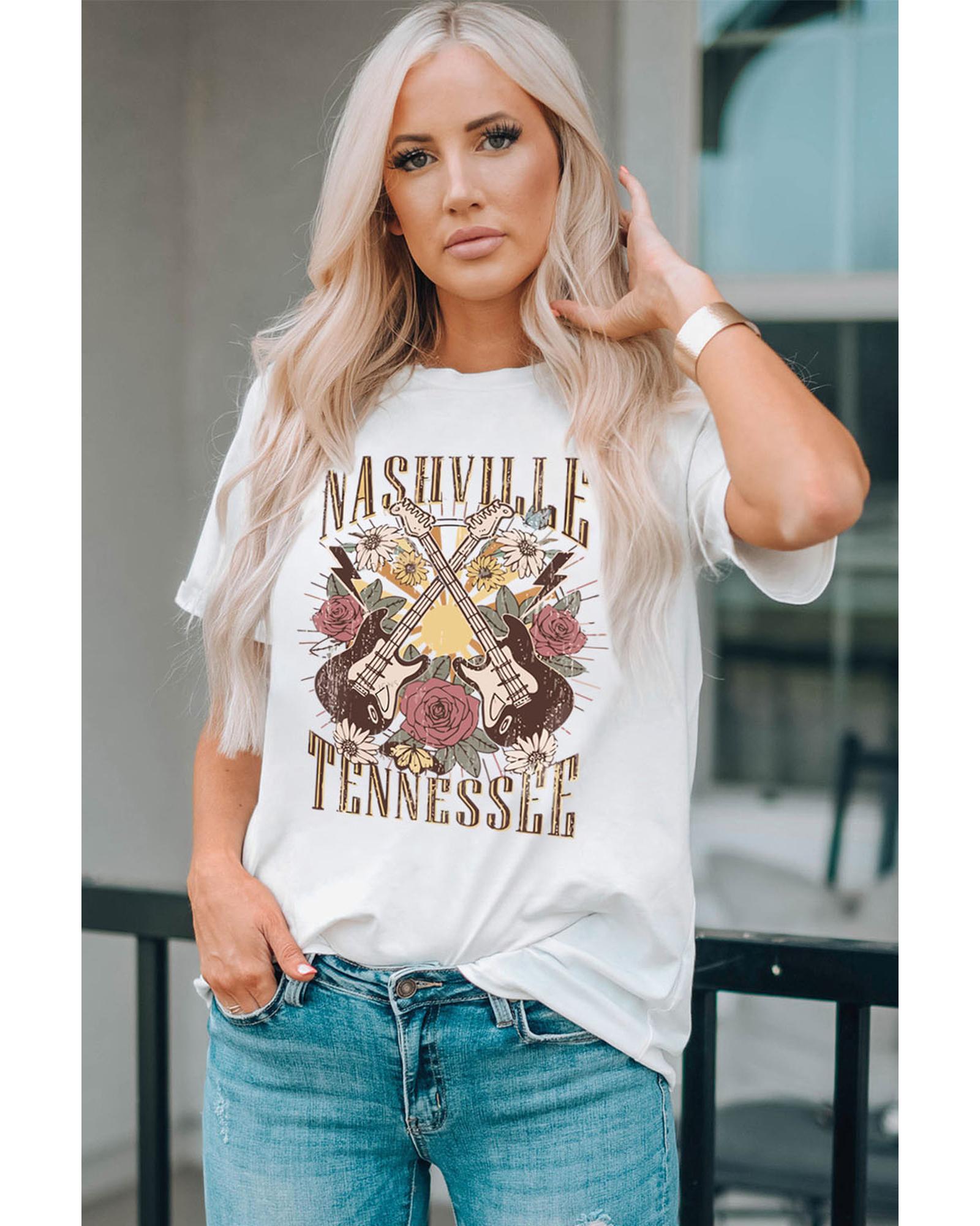 V539-AZEXDC25220452-1-2XL-202508271220-00 Azura Exchange White Nashville Tennessee Guitar Rose Graphic Crewneck Tee - 2XL - Image 1