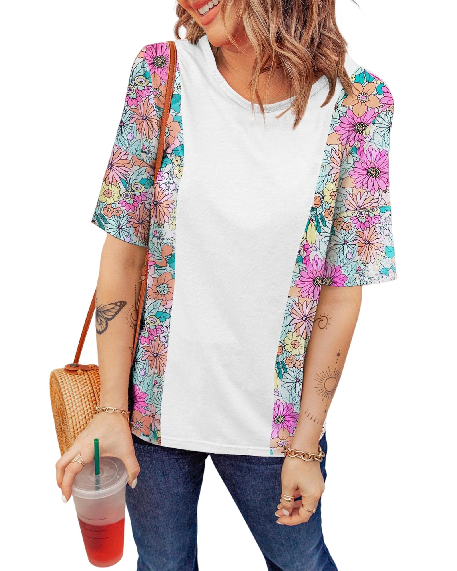 V539-AZEXDC25220804-1-L-202508262215-00 Azura Exchange Patchwork Floral Print Short Sleeve Top - L - Image 1