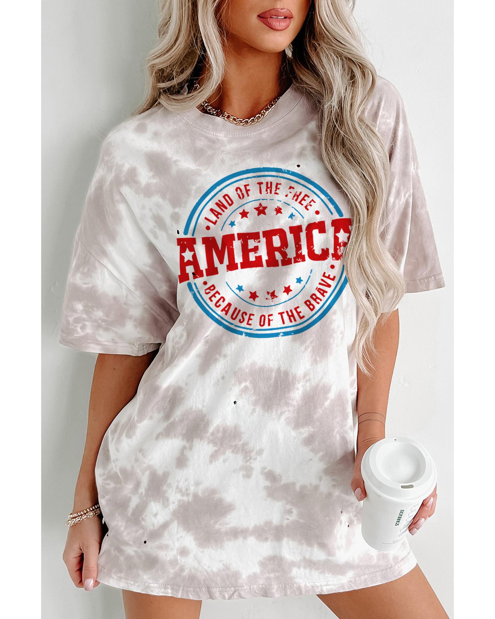 V539-AZEXDC25221279-1-S-202506121107-00 White Oversized Tie-dye AMERICA Graphic T-shirt with Distressing - S - Image 1
