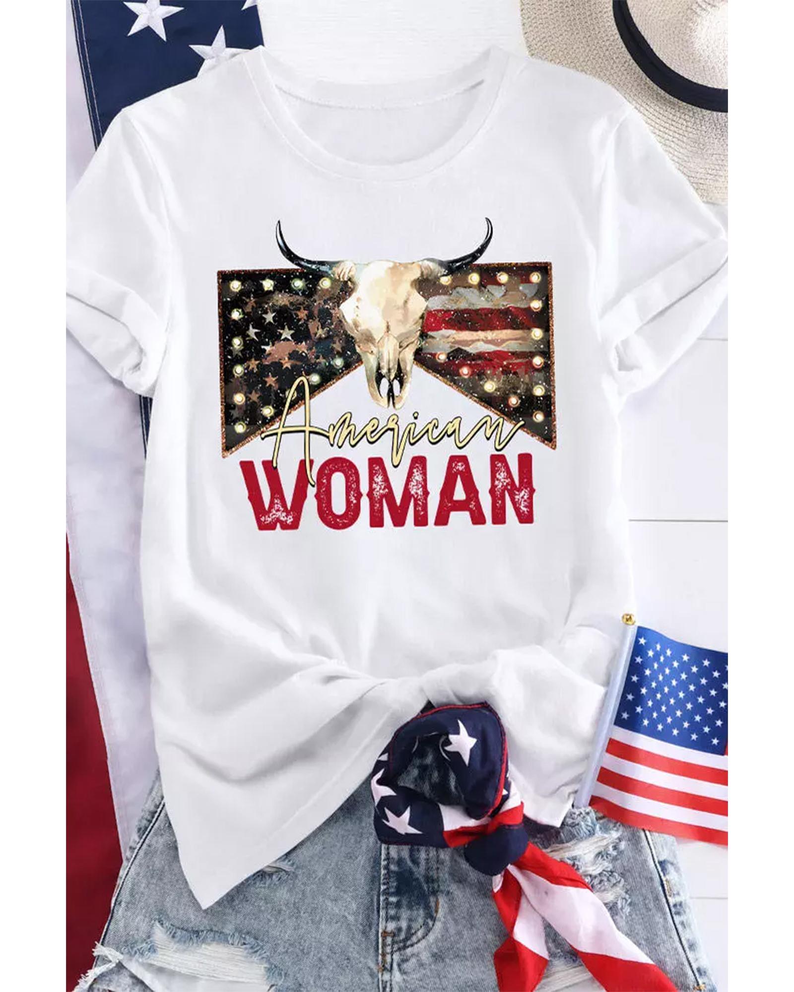V539-AZEXDC25221652-1-XL-202508270225-00 White American Woman Bull Skull Graphic T Shirt - XL - Image 1
