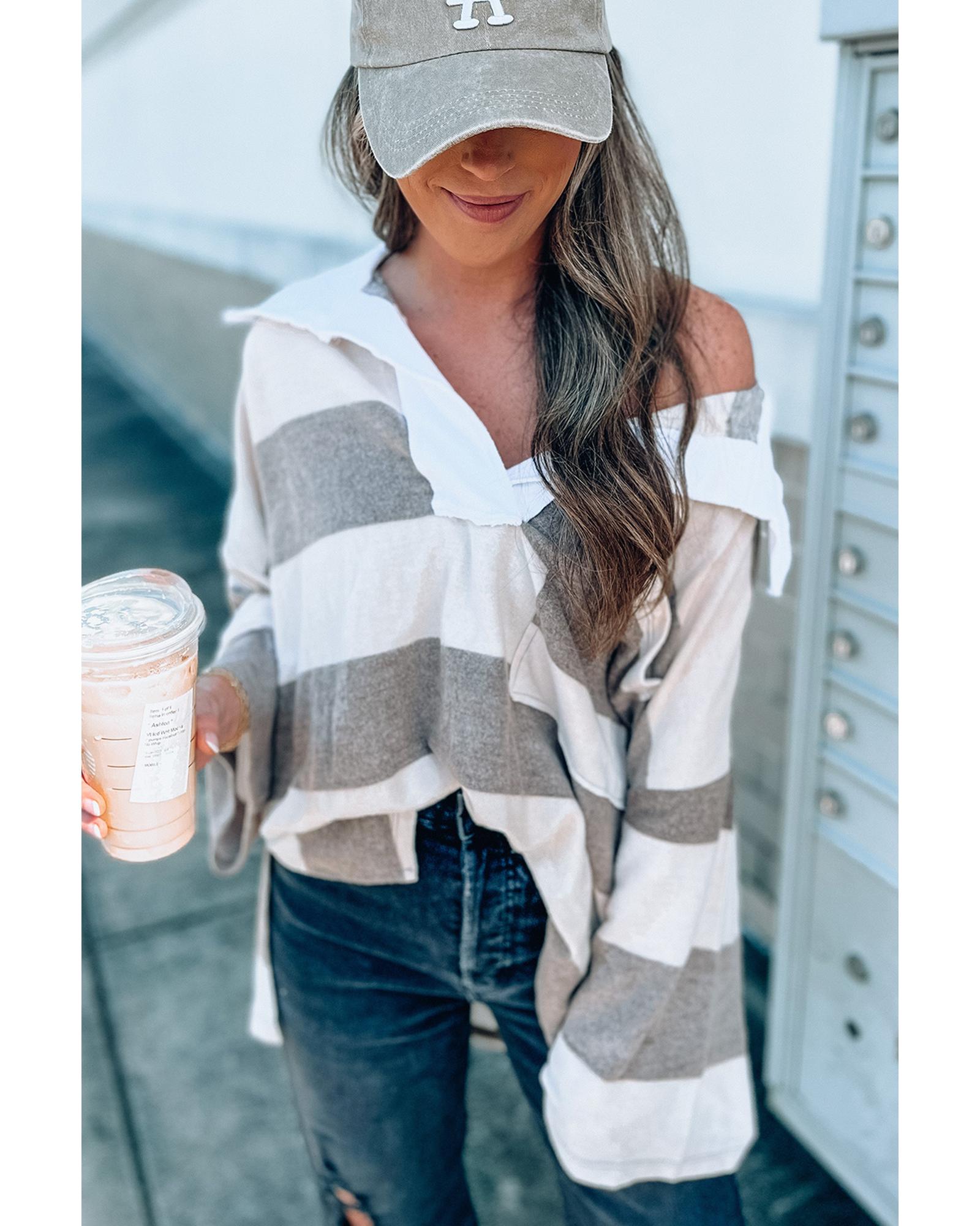 V539-AZEXDC25221956-19-L-202508271210-00 Stripe Oversized Collared Long Sleeve Top - L - Image 1