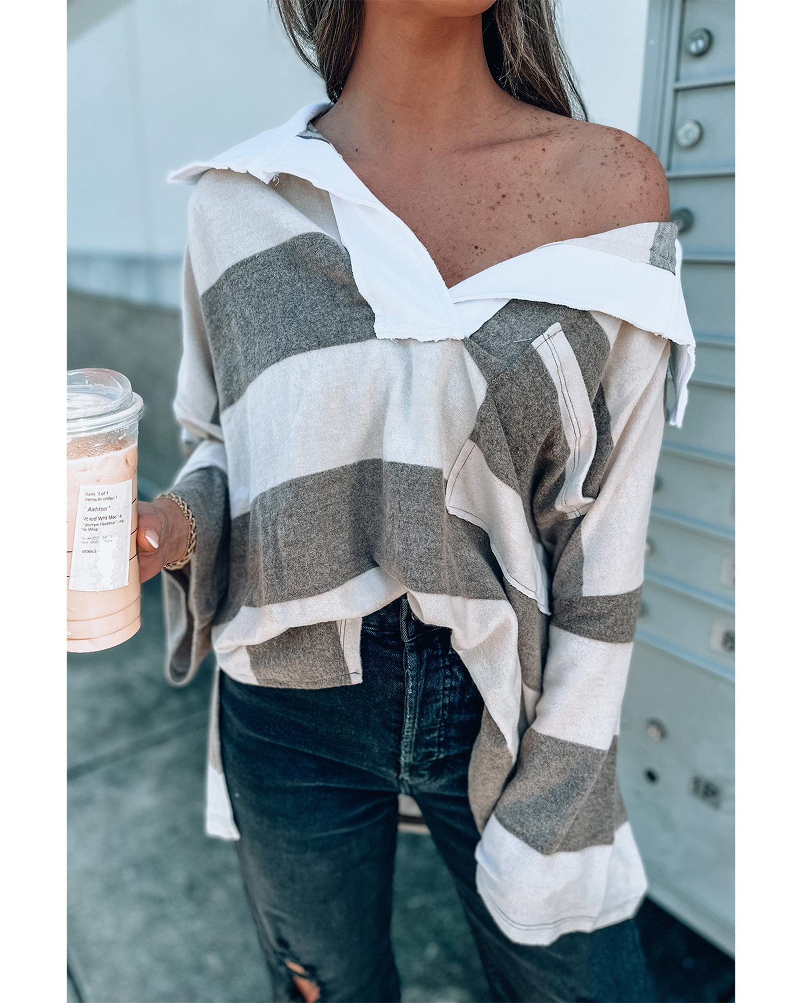 V539-AZEXDC25221956-19-M-202508271225-00 Stripe Oversized Collared Long Sleeve Top - M - Image 1