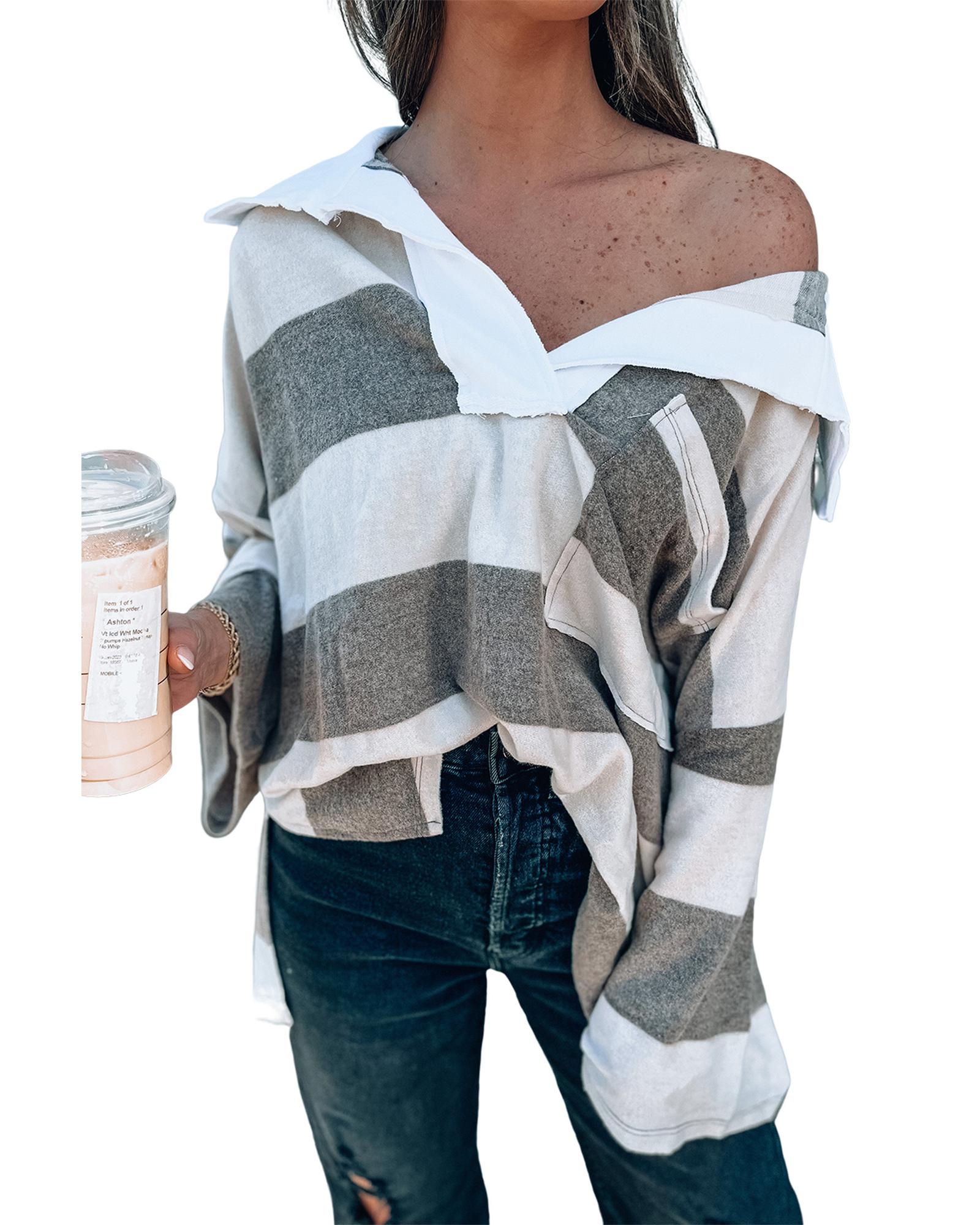 V539-AZEXDC25221956-19-XL-202508271520-00 Stripe Oversized Collared Long Sleeve Top - XL - Image 1