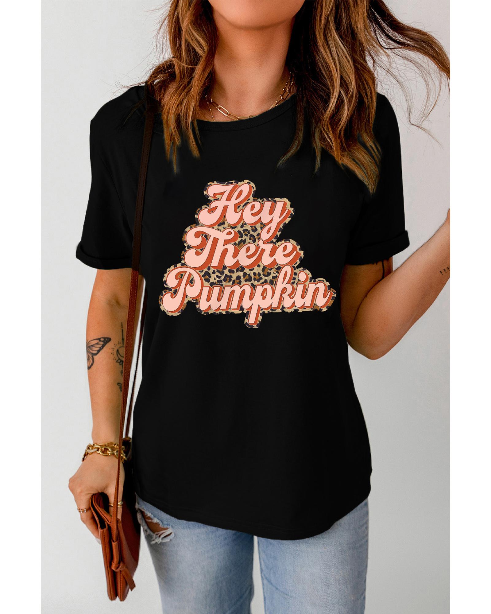 V539-AZEXDC25222175-2-S-202506121220-00 Black Hey There Pumpkin Leopard Graphic Tee - S - Image 1