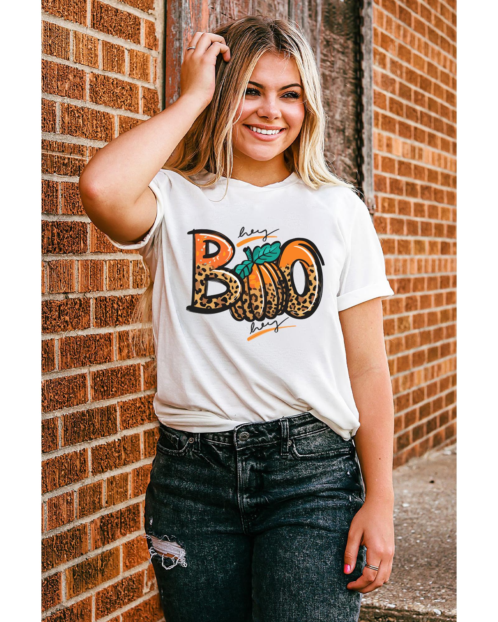 V539-AZEXDC25222629-1-2XL-202508271320-00 White BOO Pumpkin Leopard Print Crew Neck T Shirt - 2XL - Image 1