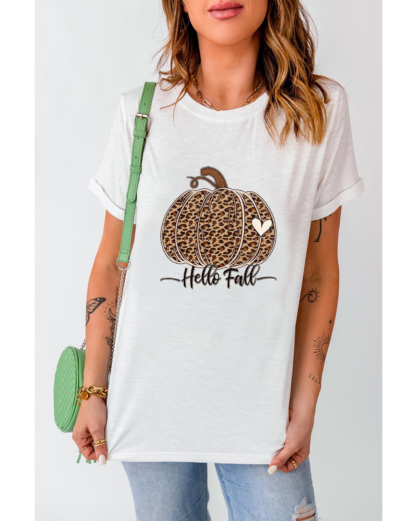 V539-AZEXDC25222785-1-XL-202508270845-00 White Hello Fall Leopard Pumpkin Graphic T Shirt - XL - Image 1