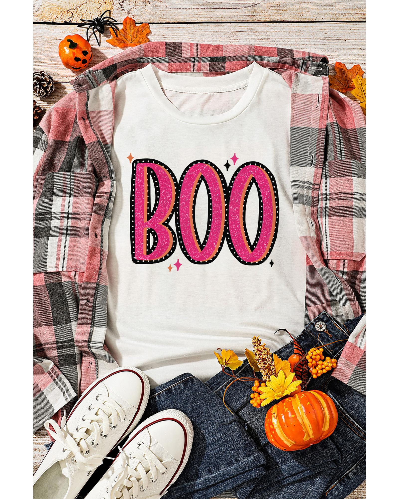 V539-AZEXDC25222926-1-XL-202506121352-00 White BOO Crew Neck Graphic T Shirt - XL - Image 1