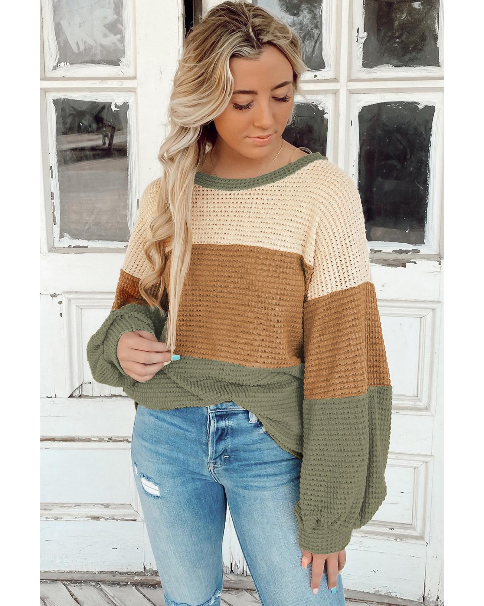 V539-AZEXDC25223043-P919-S-202508271850-00 Green Stripe Textured Color Block Bubble Sleeve Baggy Top - S - Image 1