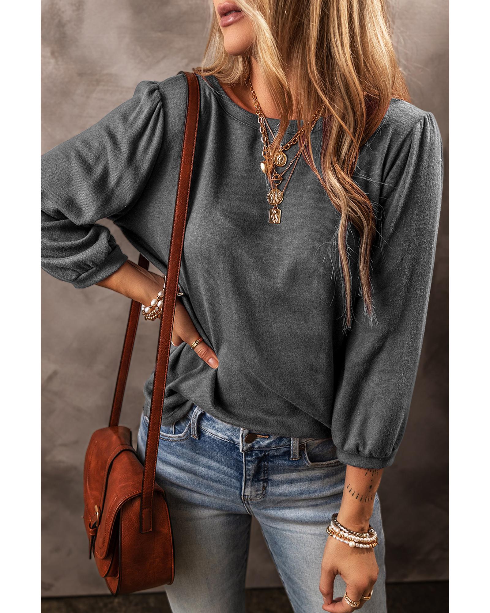 V539-AZEXDC25223280-P3011-XL-202508271700-00 Medium Grey Solid Color 3/4 Sleeve Round Neck Blouse - XL - Image 1