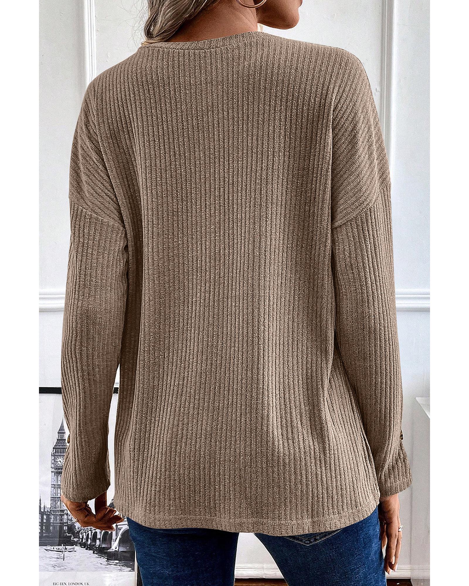 V539-AZEXDC25223369-P5016-S-202508270650-00 Pale Khaki Rib Textured Henley Knit Top - S - Image 1