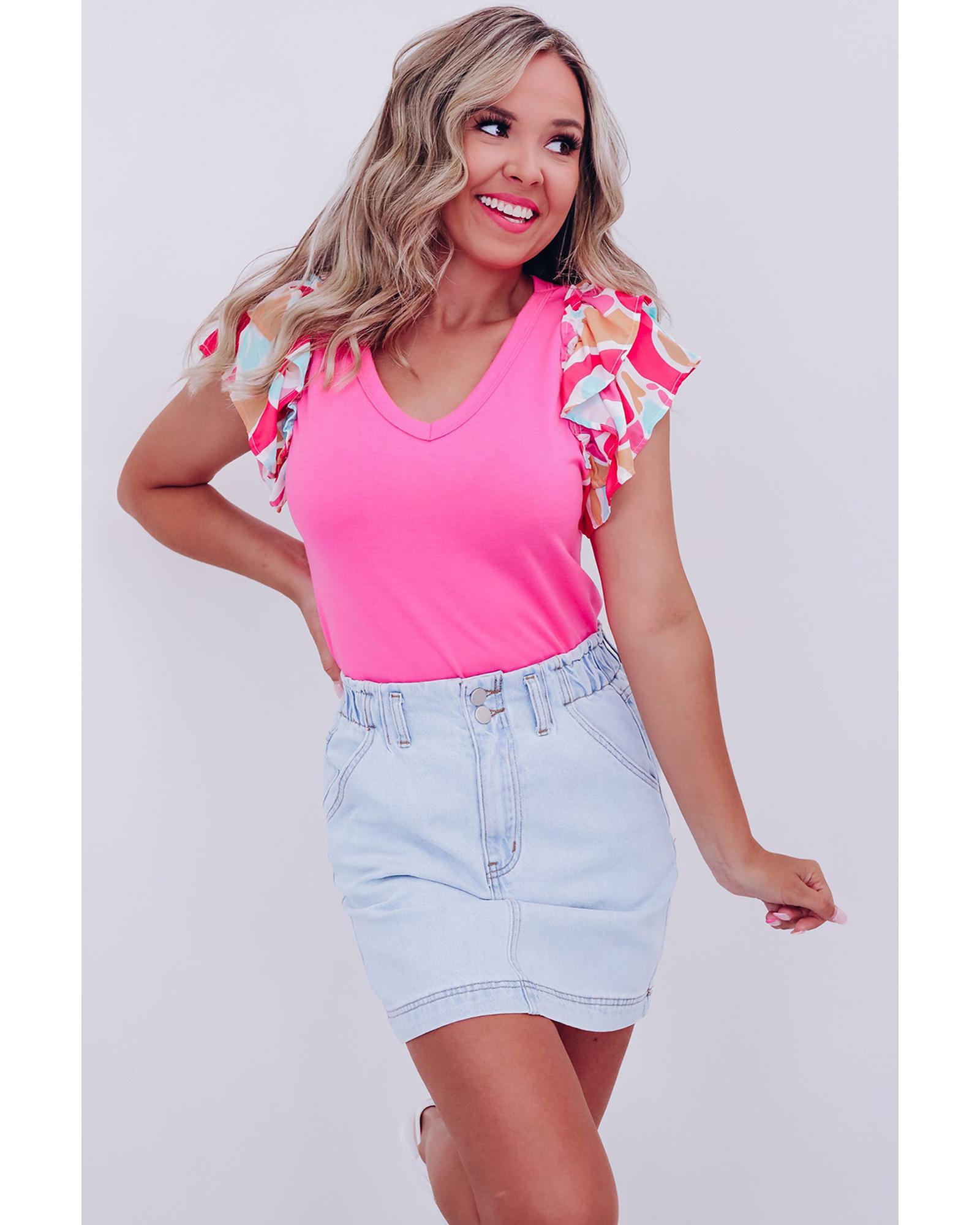 V539-AZEXDC25223645-P3010-XL-202508270720-00 Bonbon V Neck Printed Ruffle Sleeve Patchwork T-shirt - XL - Image 1