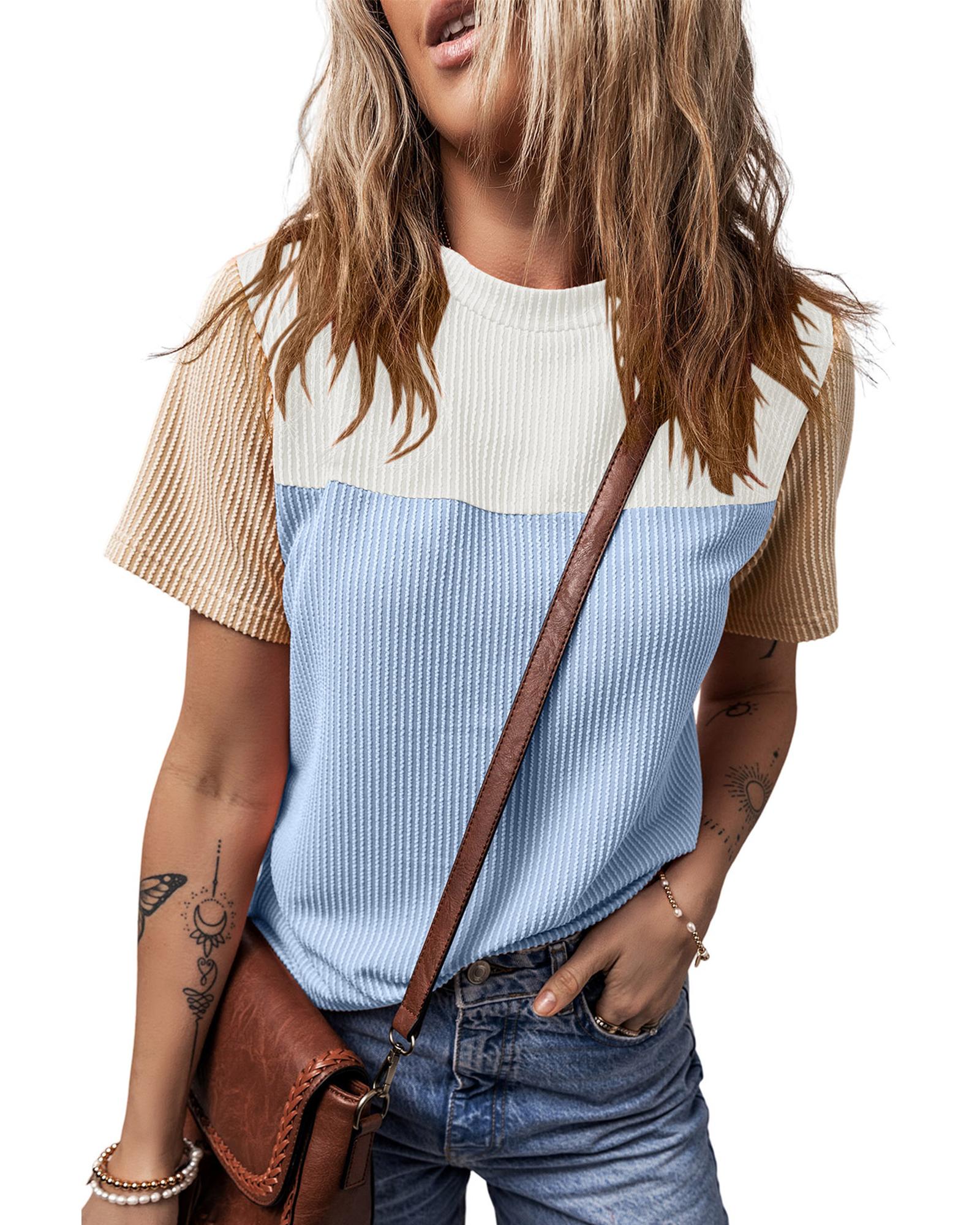 V539-AZEXDC25223771-P422-S-202506121046-00 Light Blue Rib Textured Colorblock T Shirt - S - Image 1