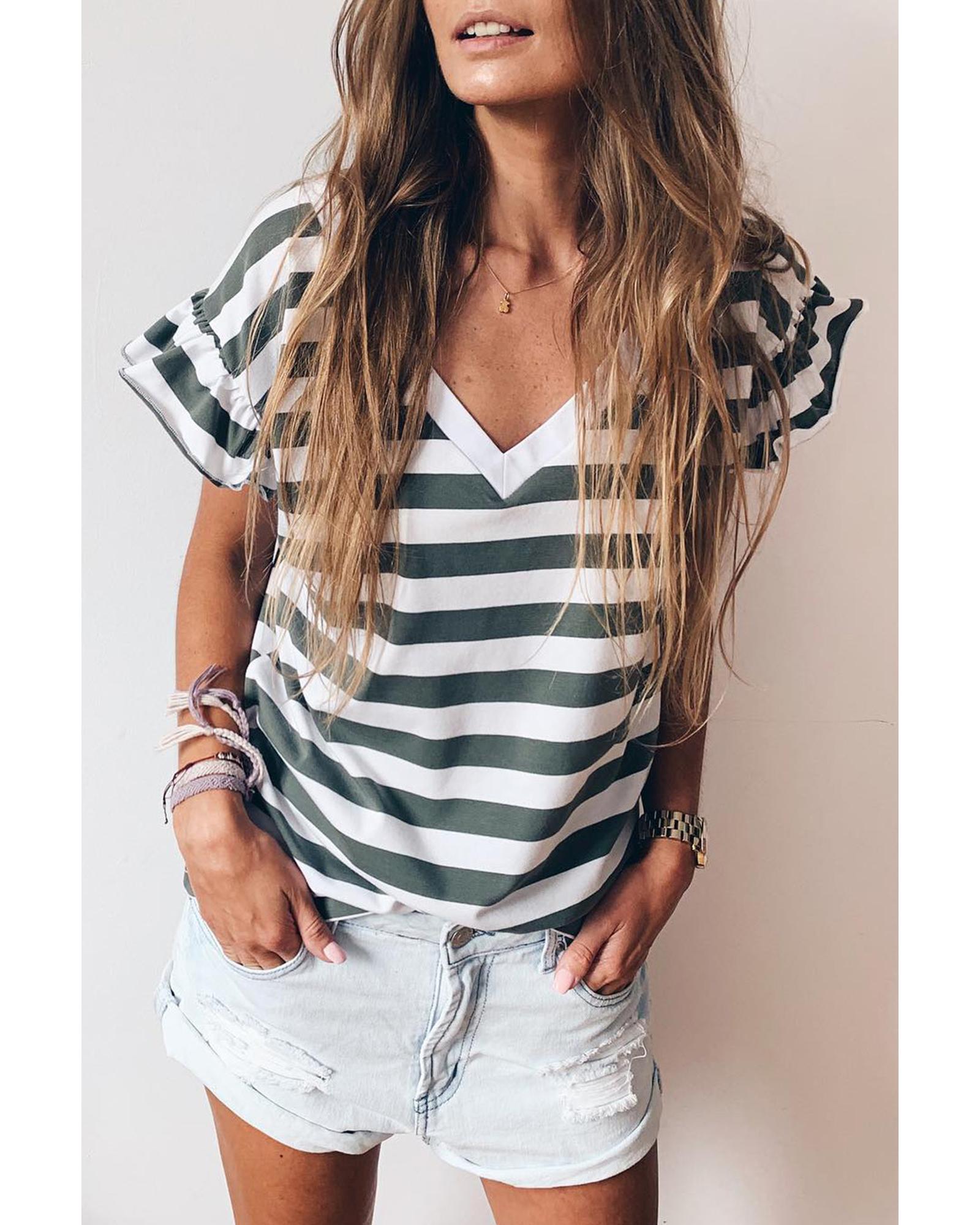 V539-AZEXDC25224060-P1709-L-202508272355-00 Sea Green Striped V Neck Ruffle Sleeve Top - L - Image 1