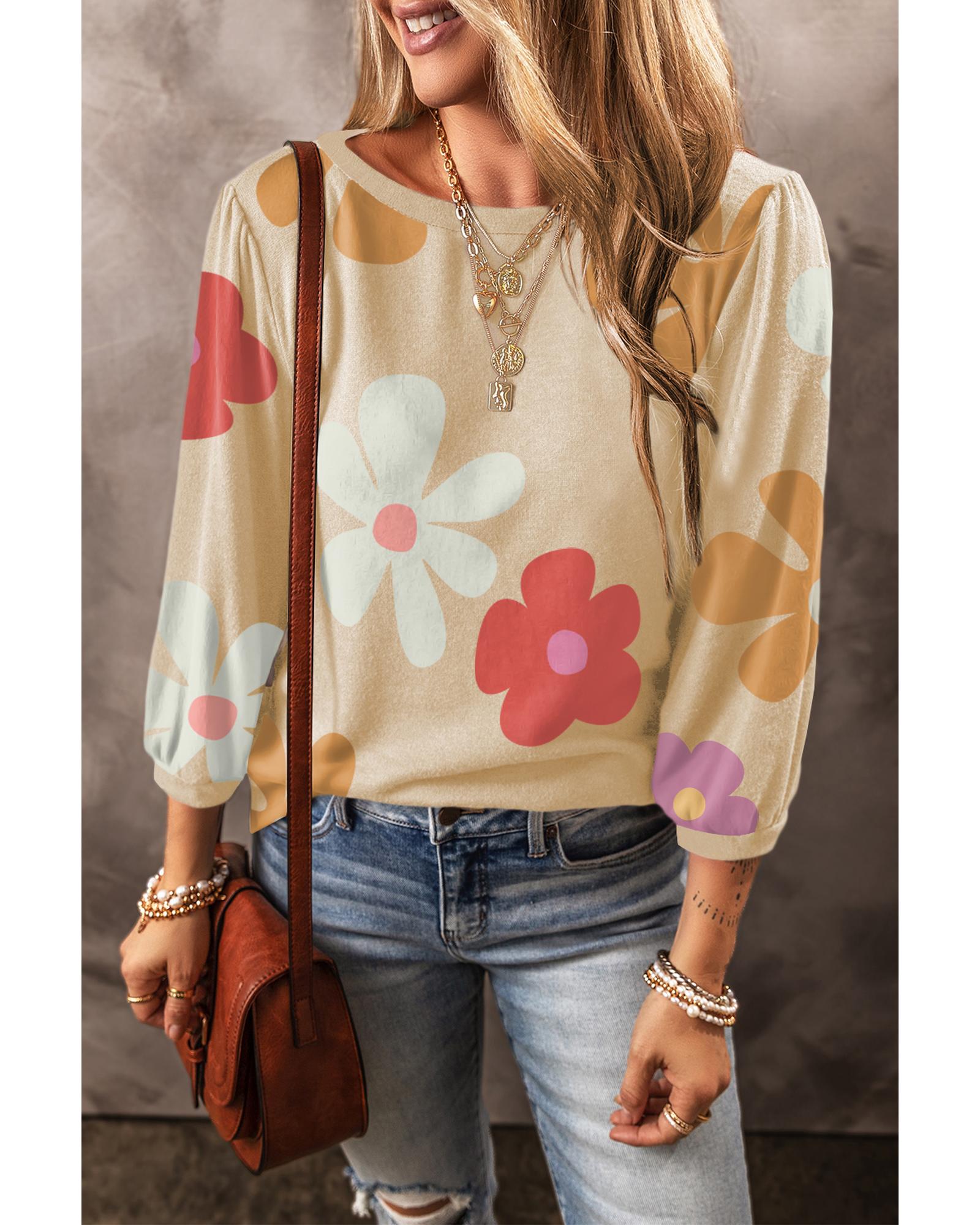 V539-AZEXDC25224163-P1820-S-202506121147-00 Apricot Cute Flower Print Bracelet Sleeve Top - S - Image 1