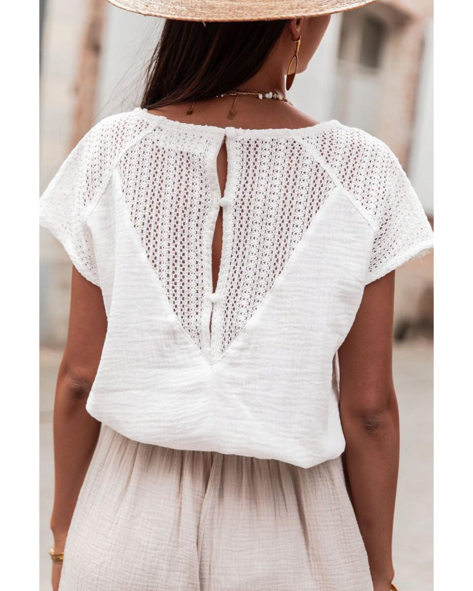V539-AZEXDC25224314-P1-XL-202508272025-00 White Lace Crochet Textured Button Back V Neck T Shirt - XL - Image 1