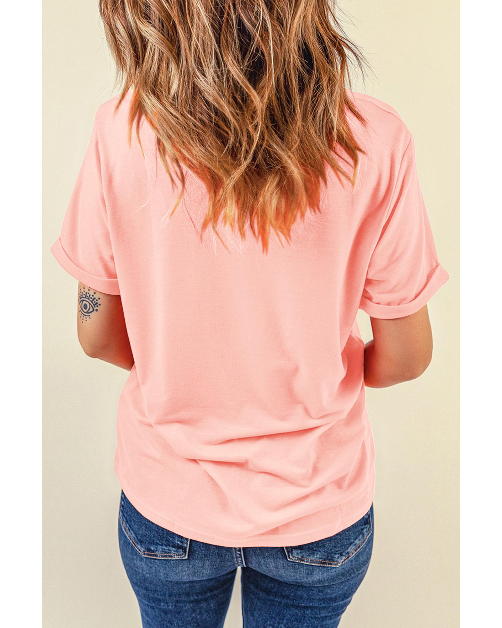 V539-AZEXDC25224551-10-M-202508272220-00 Pink Casual Plain Crew Neck Tee - M - Image 1