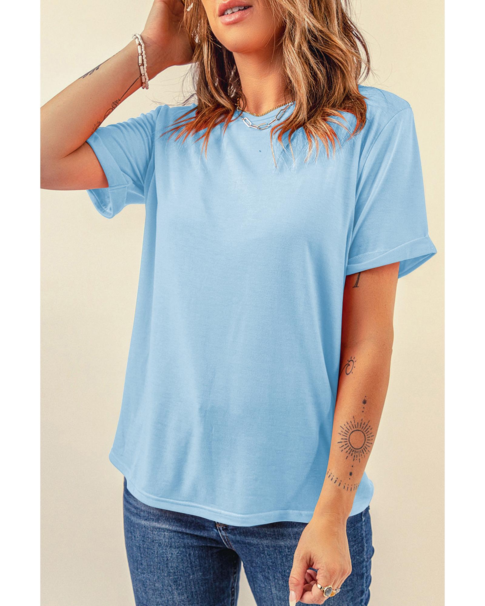 V539-AZEXDC25224551-P4-S-202506121336-00 Light Blue Bright Casual Plain Crew Neck Tee - S - Image 1