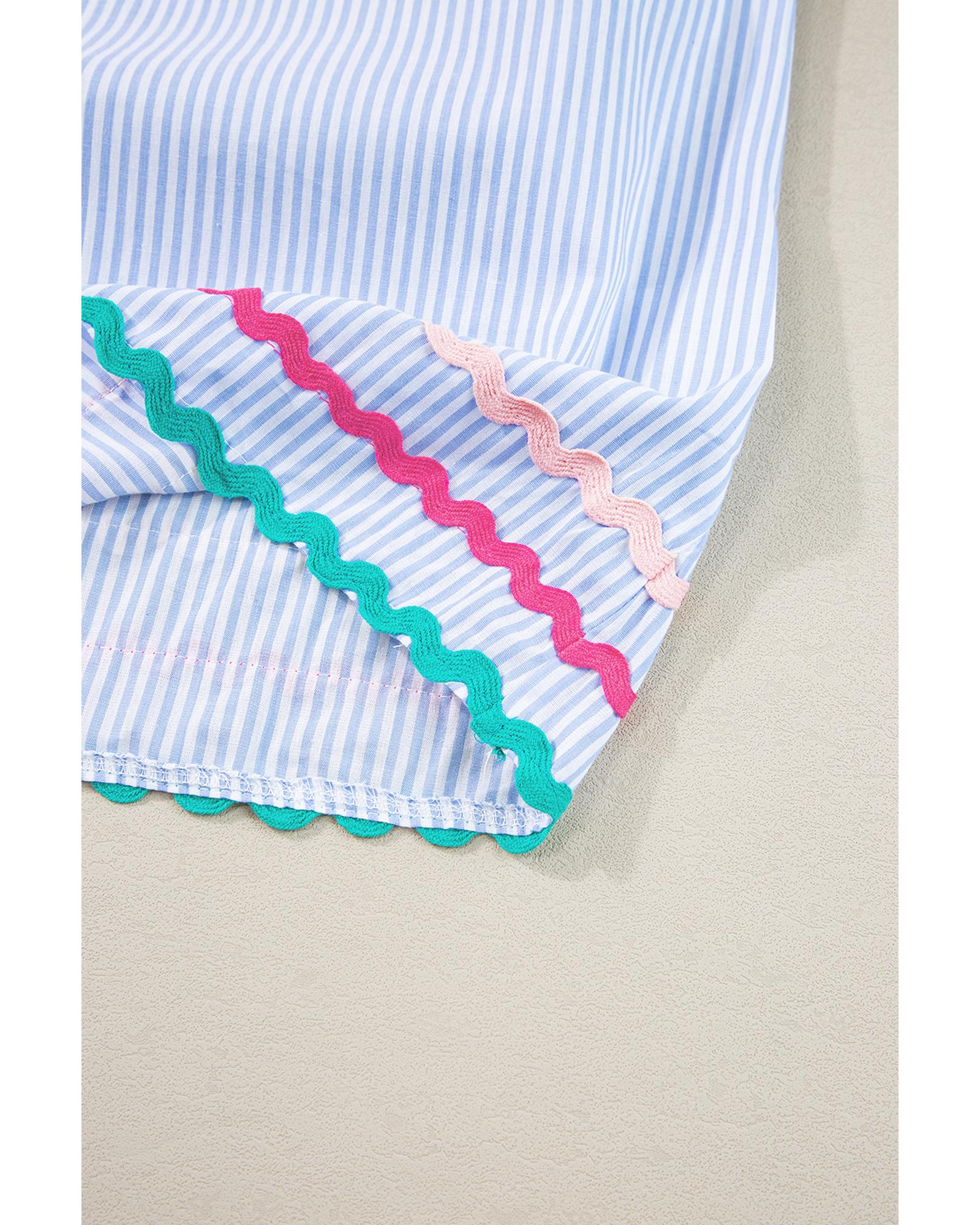 V539-AZEXDC25224635-P419-M-202508270910-00 Sky Blue Stripe Ricrac Trim Split Neck Striped Ruffled Sleeve Blouse - M - Image 1