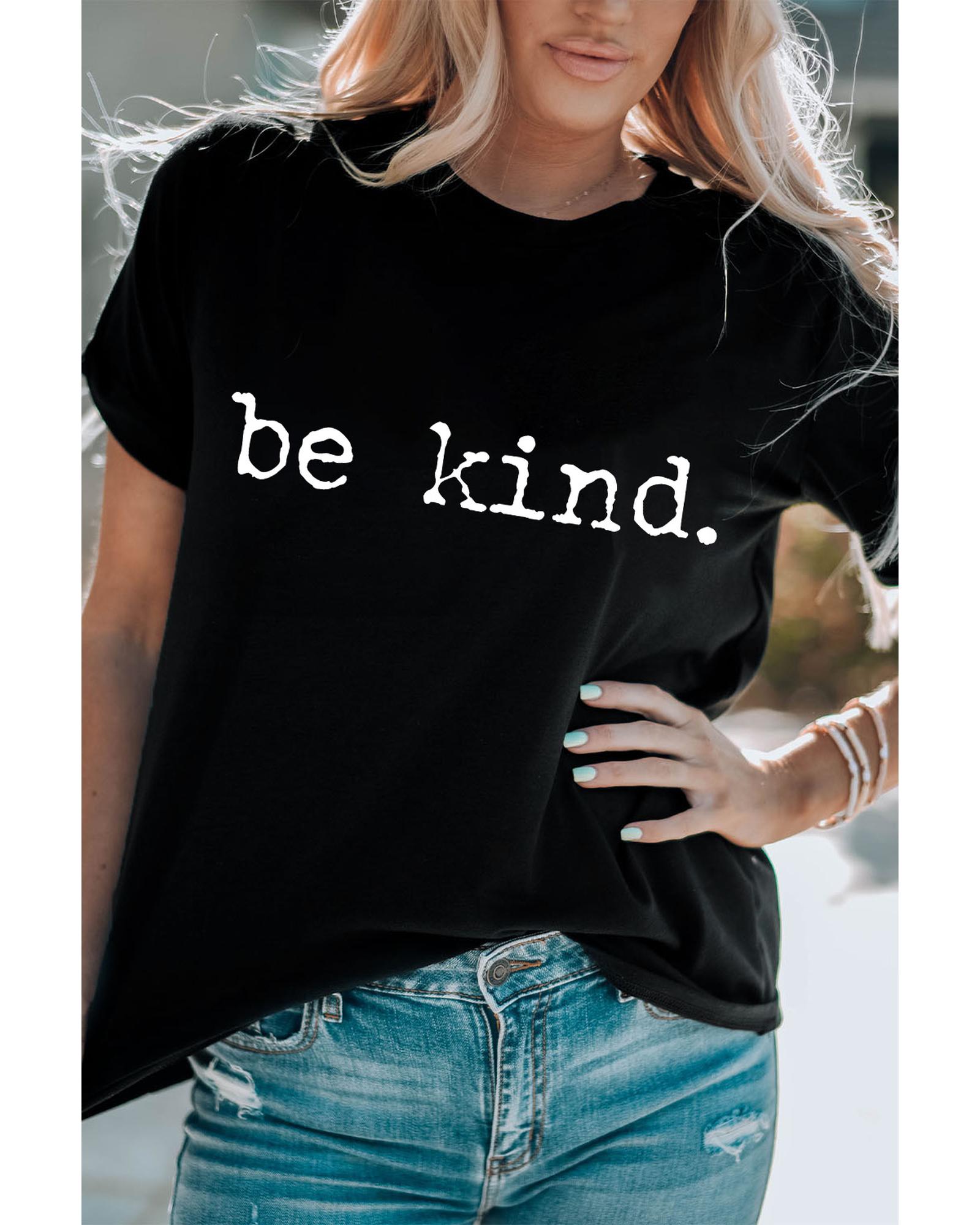 V539-AZEXDC25224795-2-S-202506121422-00 Black be kind Letter Print Round Neck Casual T Shirt - S - Image 1