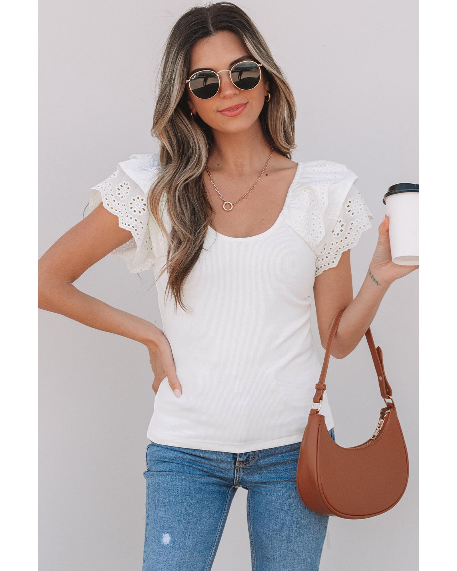 V539-AZEXDC25224993-P1-L-202508271745-00 White Eyelet Ruffle Sleeve Slim Fitted Top - L - Image 1