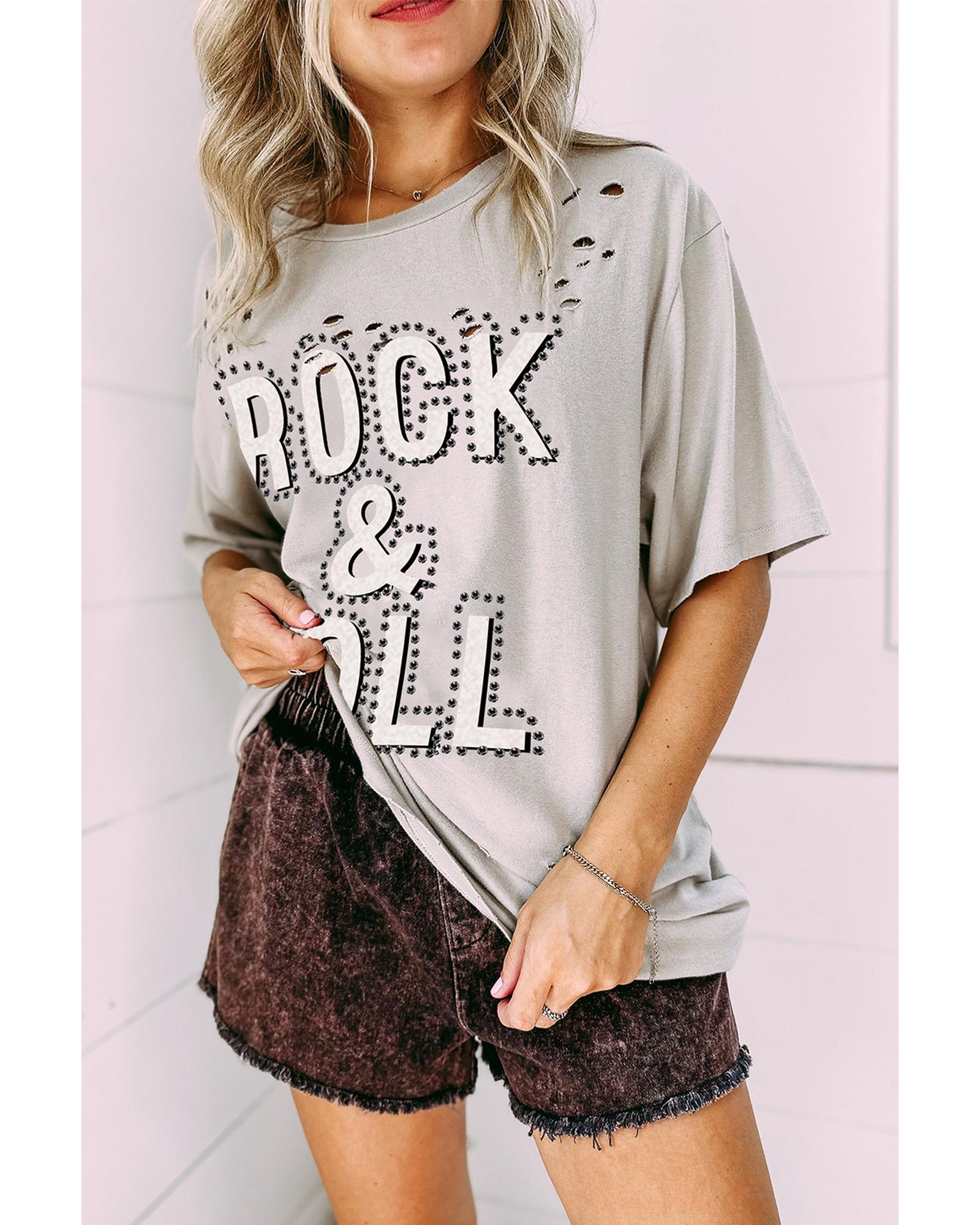 V539-AZEXDC25225089-P11-S-202506120847-00 Gray Rock & Roll Graphic Distressed Vintage Tee - S - Image 1