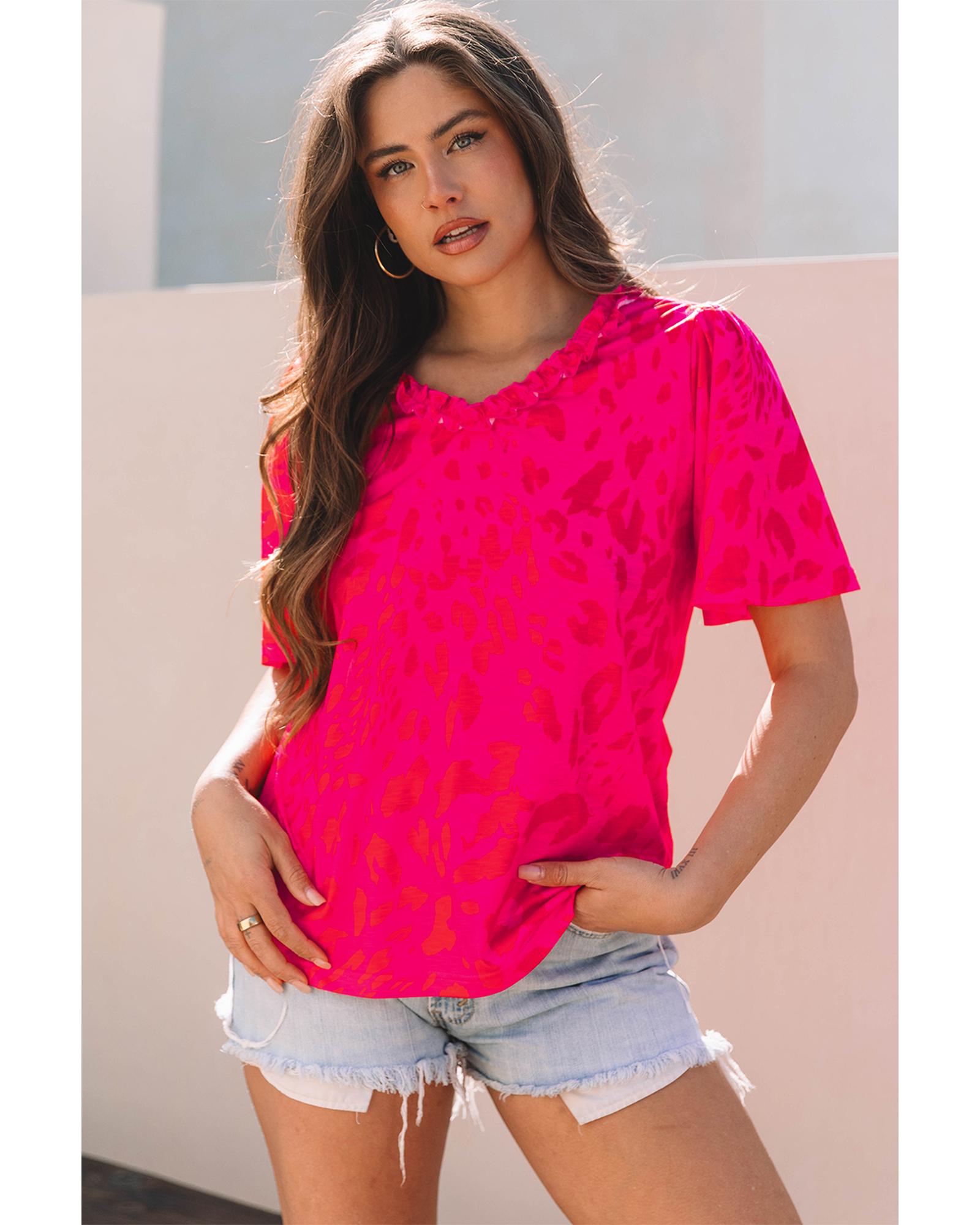 V539-AZEXDC25225310-P620-S-202506120932-00 Rose Leopard Frilly V Neck Short Sleeve Blouse - S - Image 1