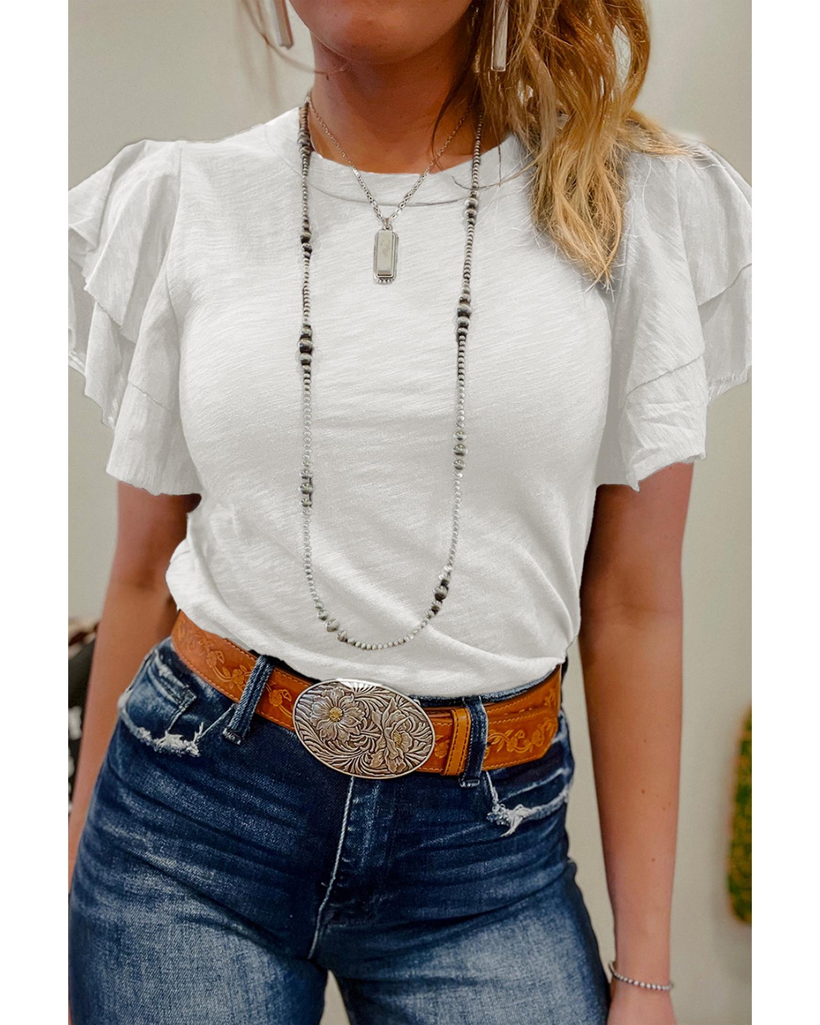 V539-AZEXDC25225413-P1-M-202508270430-00 White Layered Ruffle Short Sleeve Round Neck Top - M - Image 1