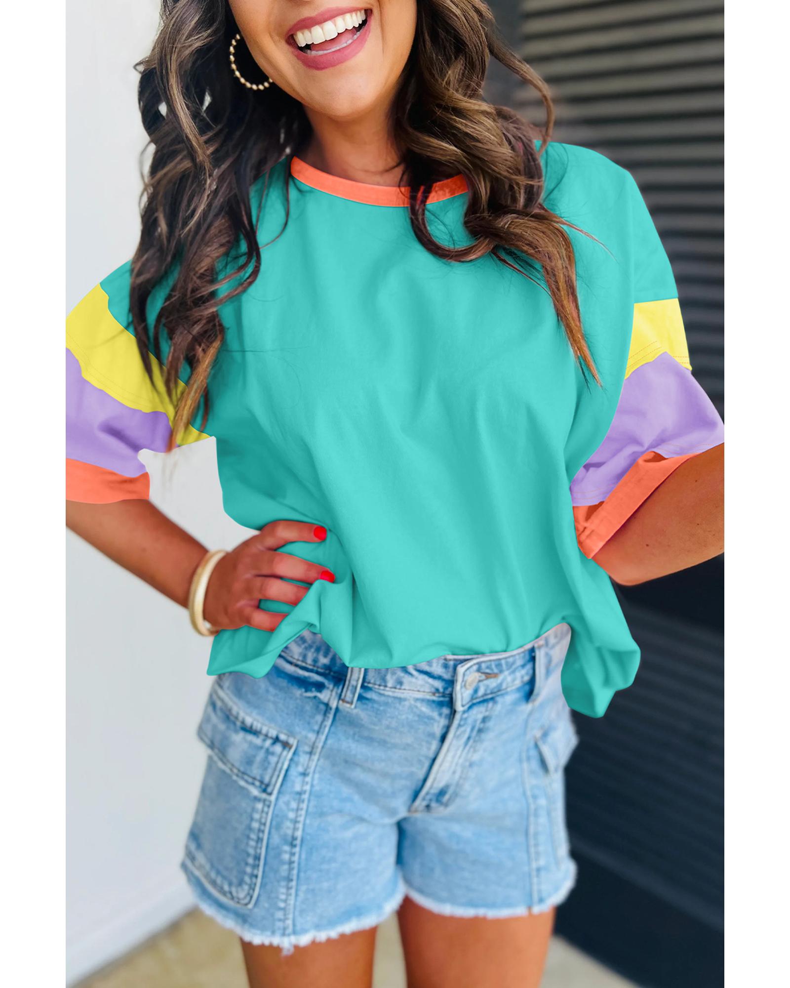 V539-AZEXDC25225570-P422-S-202506121021-00 Light Blue Color Block Stitching Sleeve Round Neck Oversize Top - S - Image 1