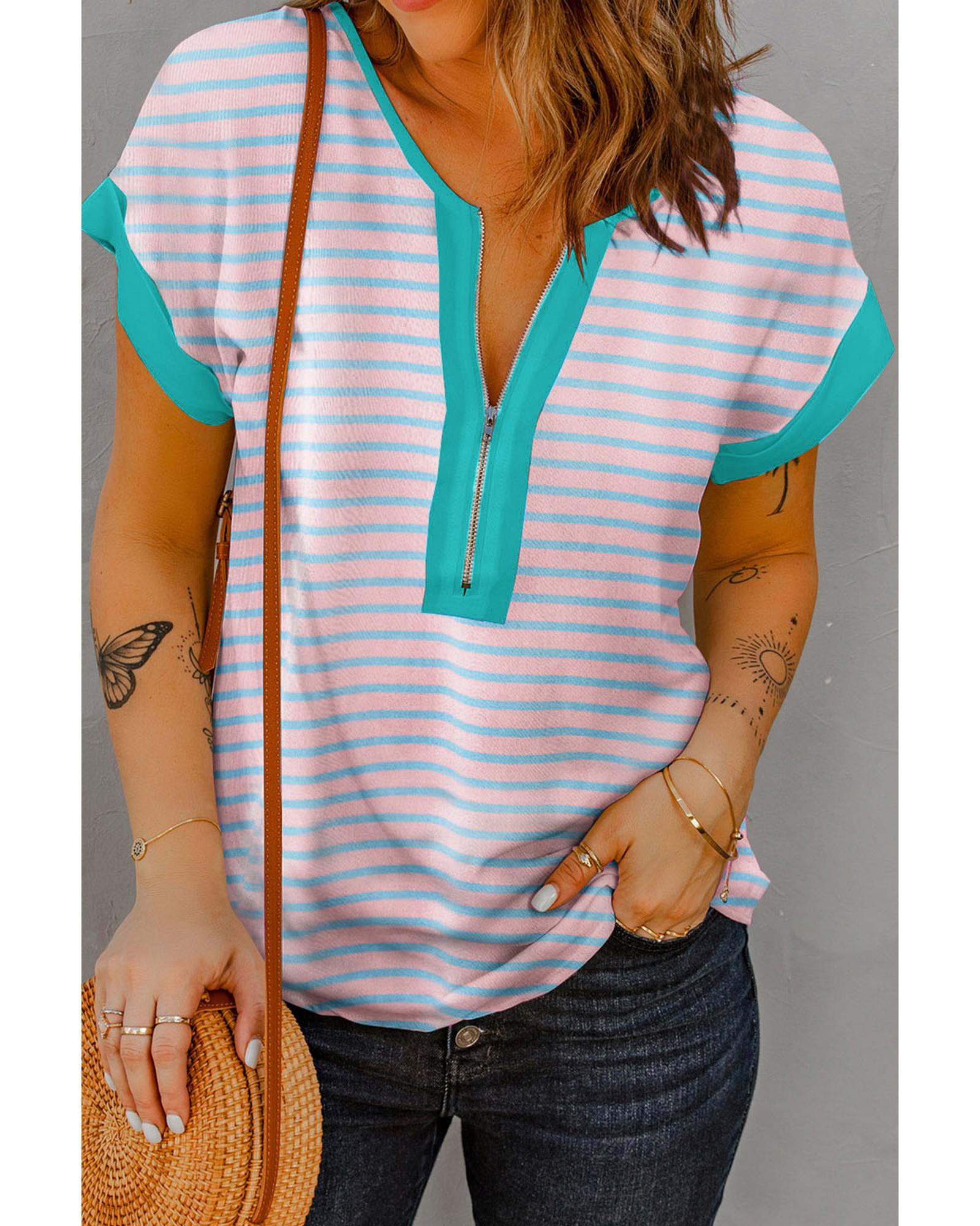 V539-AZEXDC25225642-P1019-M-202508270835-00 Pink Stripe Contrast Trim Half Zip Short Sleeve Top - M - Image 1