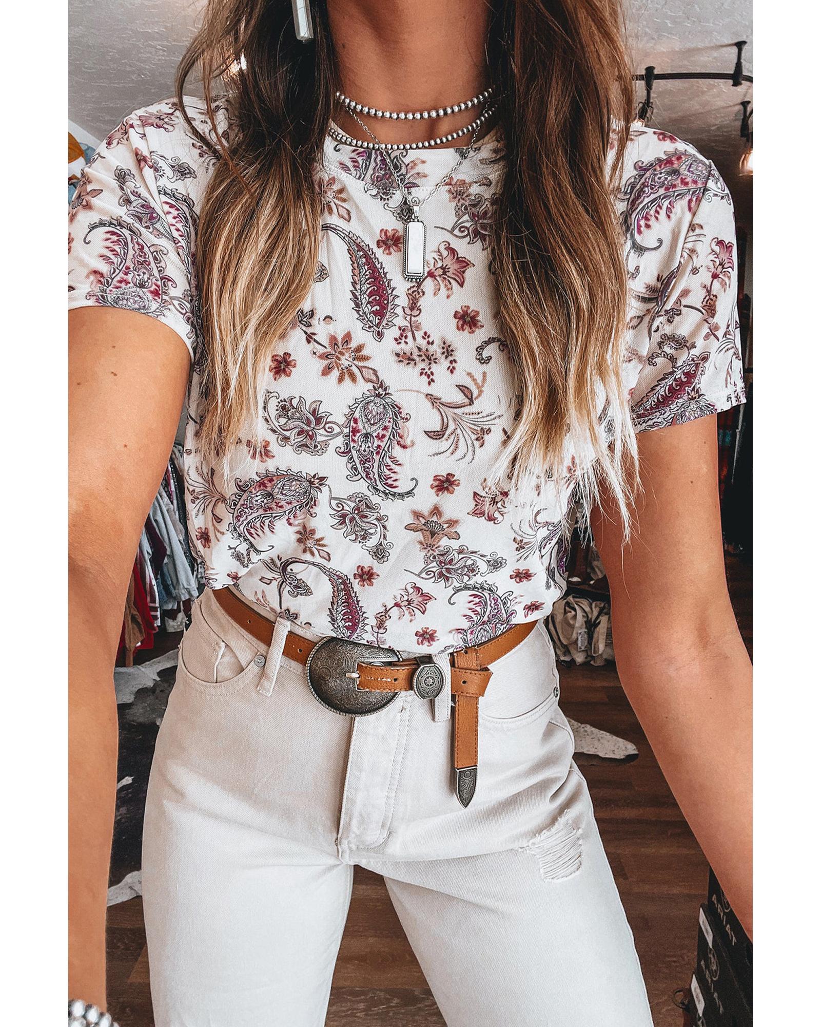 V539-AZEXDC25225770-P120-L-202508271920-00 White Vintage Paisley Mock Neck T Shirt - L - Image 1