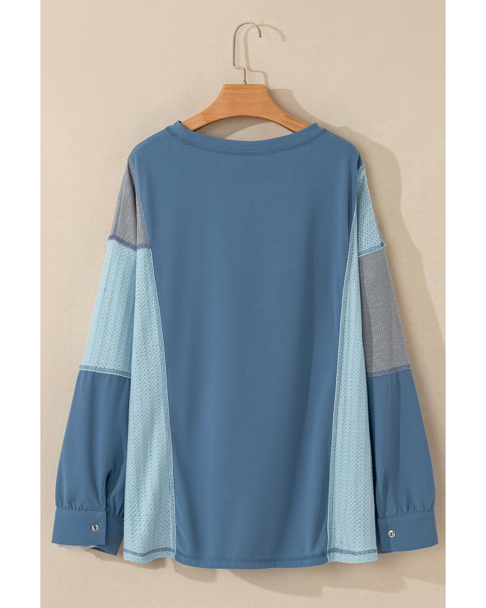 V539-AZEXDC25225886-P704-S-202506121710-00 Dusk Blue Colorblock Stitching Patchwork Buttoned Long Sleeve Top - S - Image 1