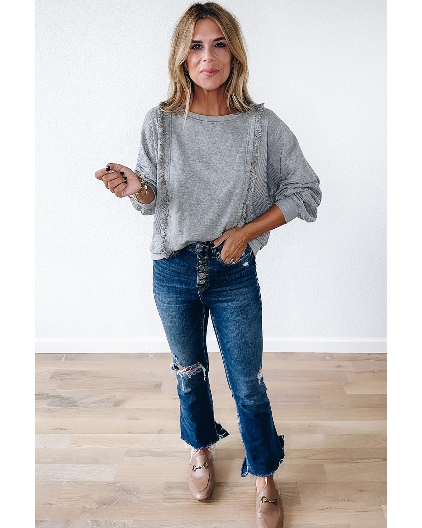 V539-AZEXDC25225888-P1011-S-202506121716-00 Light Grey Waffle Patchwork Long Sleeve Raw Hem Pullover Top - S - Image 1