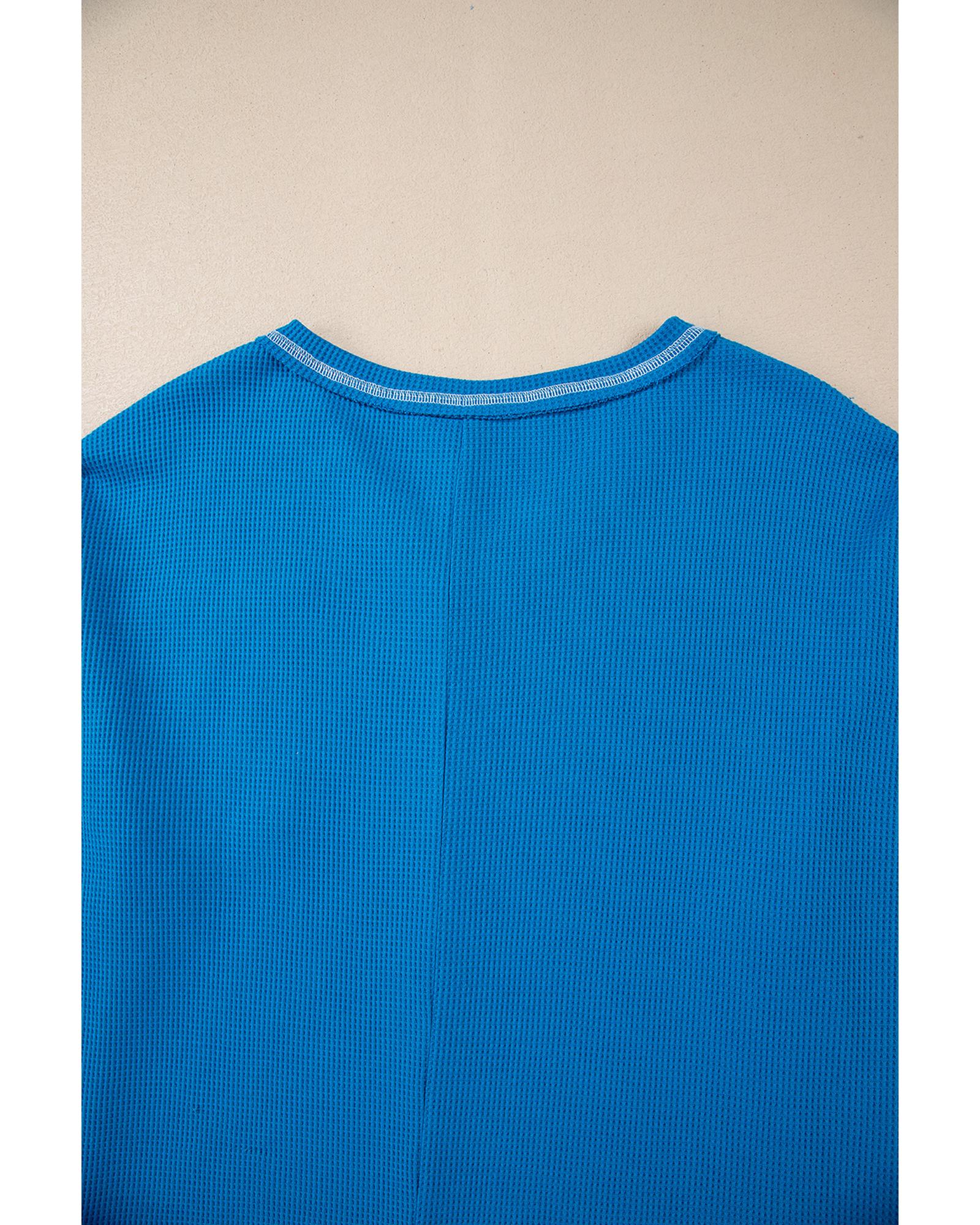 V539-AZEXDC25225943-P205-L-202508272250-00 Sky Blue Lace Floral Patchwork Sleeve Stitching V Neck Rib Knit Blouse - L - Image 1