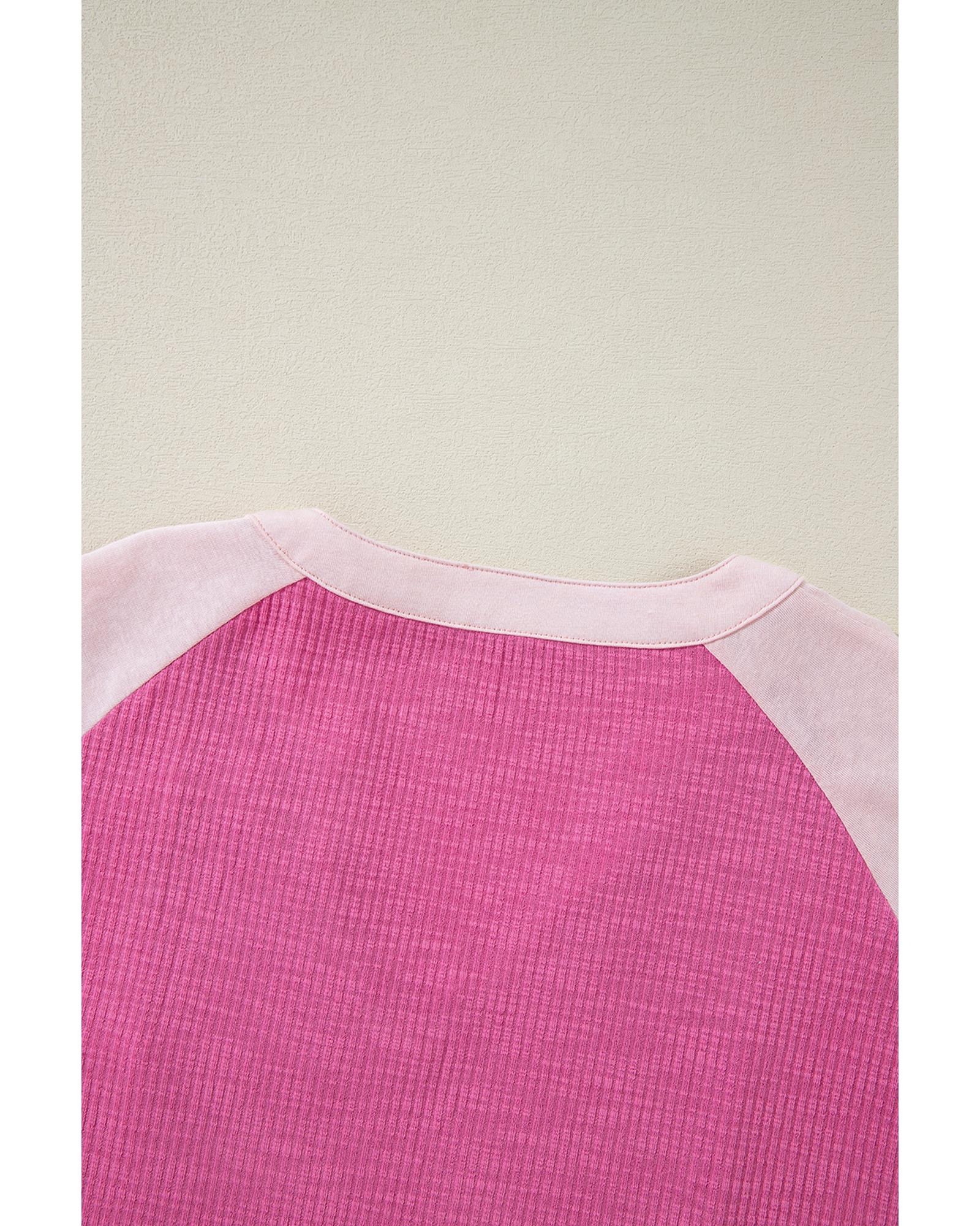 V539-AZEXDC25225996-P106-M-202508272030-00 Bright Pink Textured Colorblock 3/4 Sleeve Oversize Top - M - Image 1