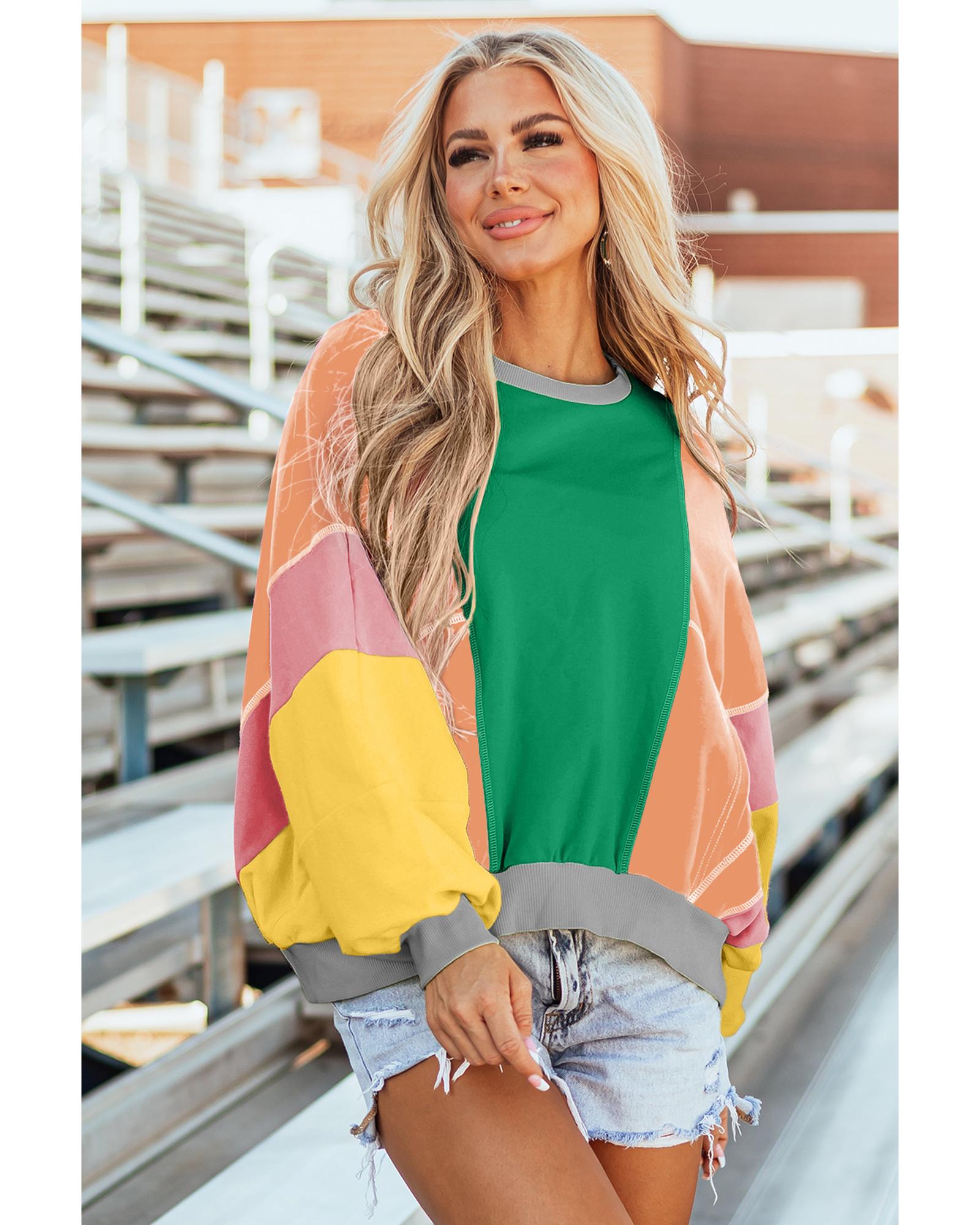 V539-AZEXDC25226016-P209-L-202508270210-00 Dark Green Colorblock Patchwork Exposed Stitching Oversize Top - L - Image 1